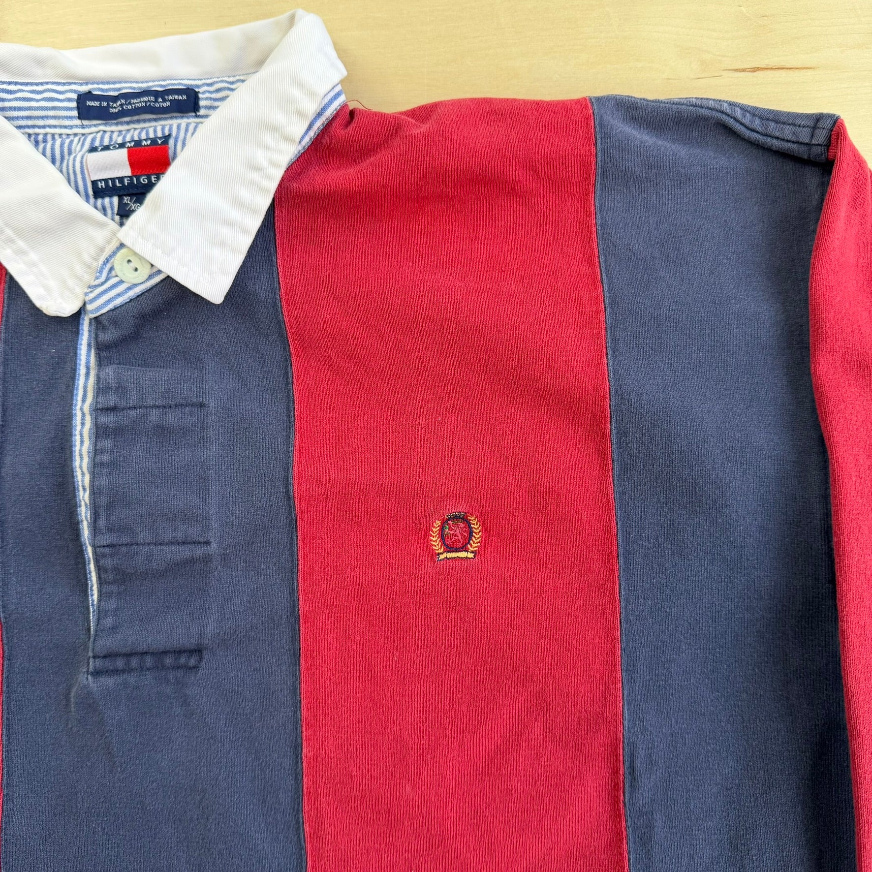 J- Vintage Tommy Hilfiger Embroidered Crest Striped Rugby Shirt - XL