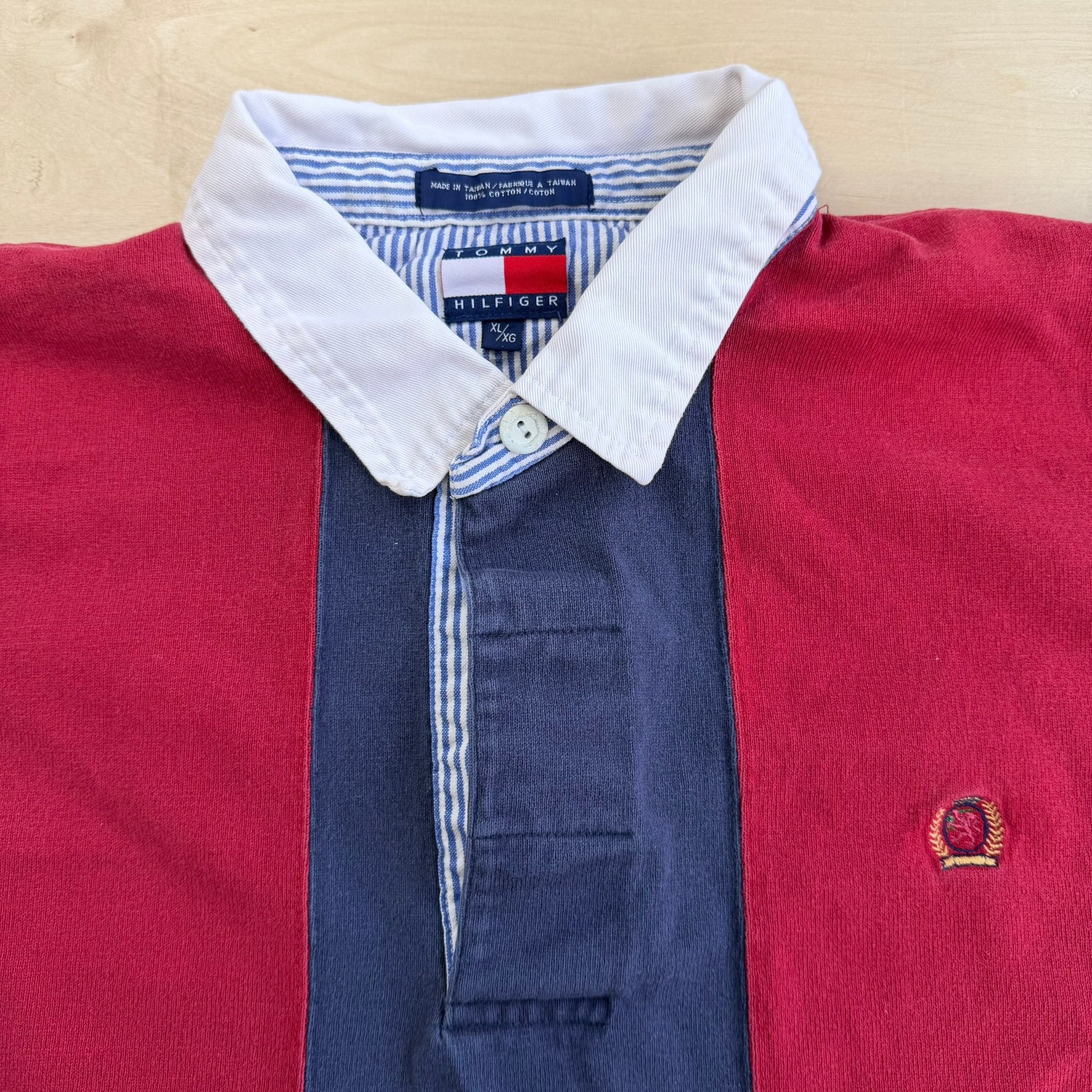 J- Vintage Tommy Hilfiger Embroidered Crest Striped Rugby Shirt - XL