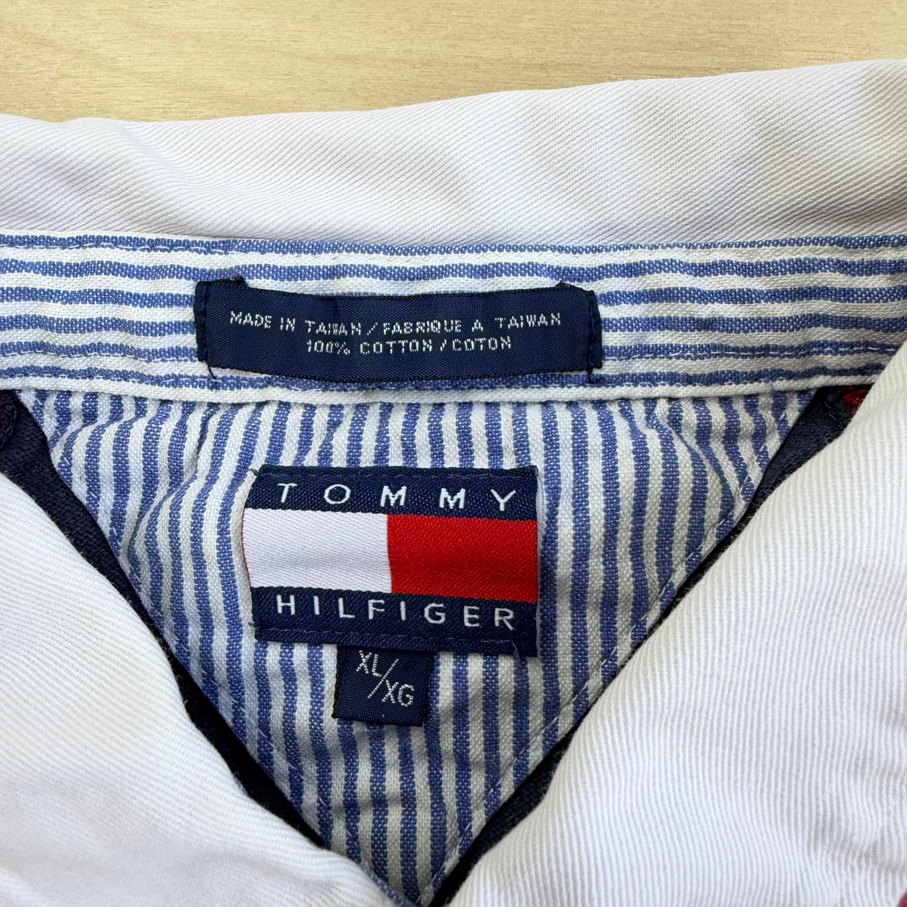 J- Vintage Tommy Hilfiger Embroidered Crest Striped Rugby Shirt - XL