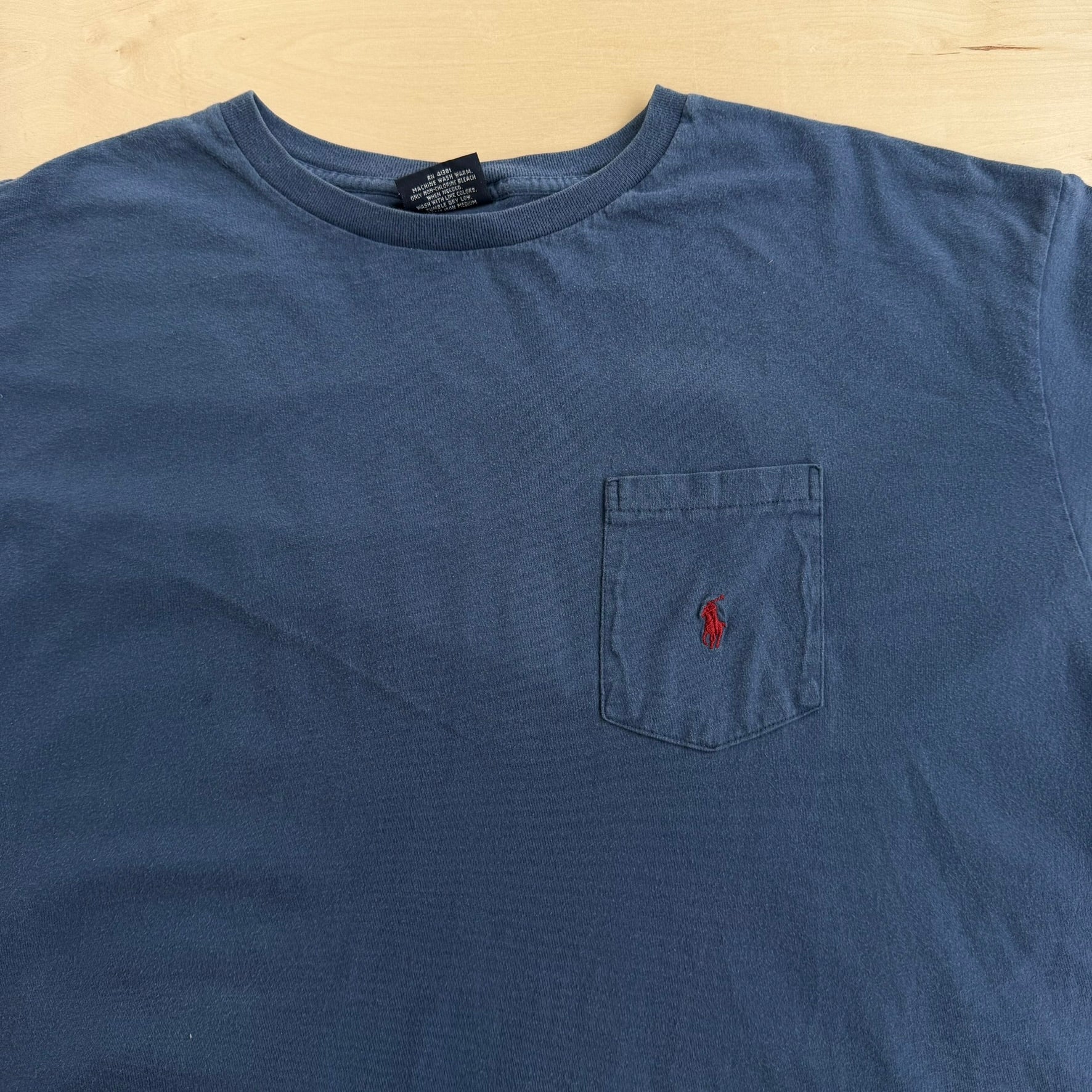 J- Vintage Polo RL Embroidered Logo Made In USA Single Stitch Blue Pocket Tee - XL