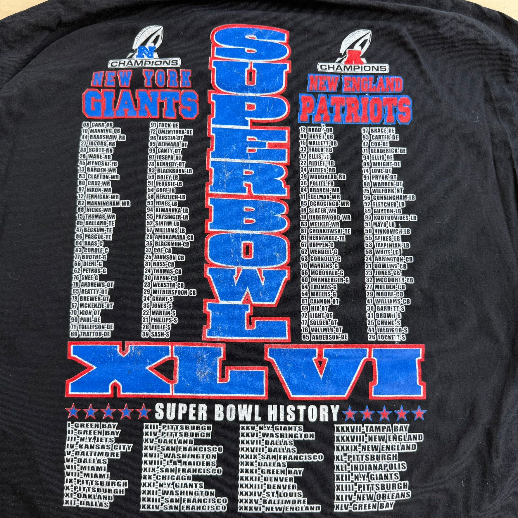 J- Vintage '12 NFL Super Bowl 46 New York Giants Vs New England Patriots Graphic Tee - L