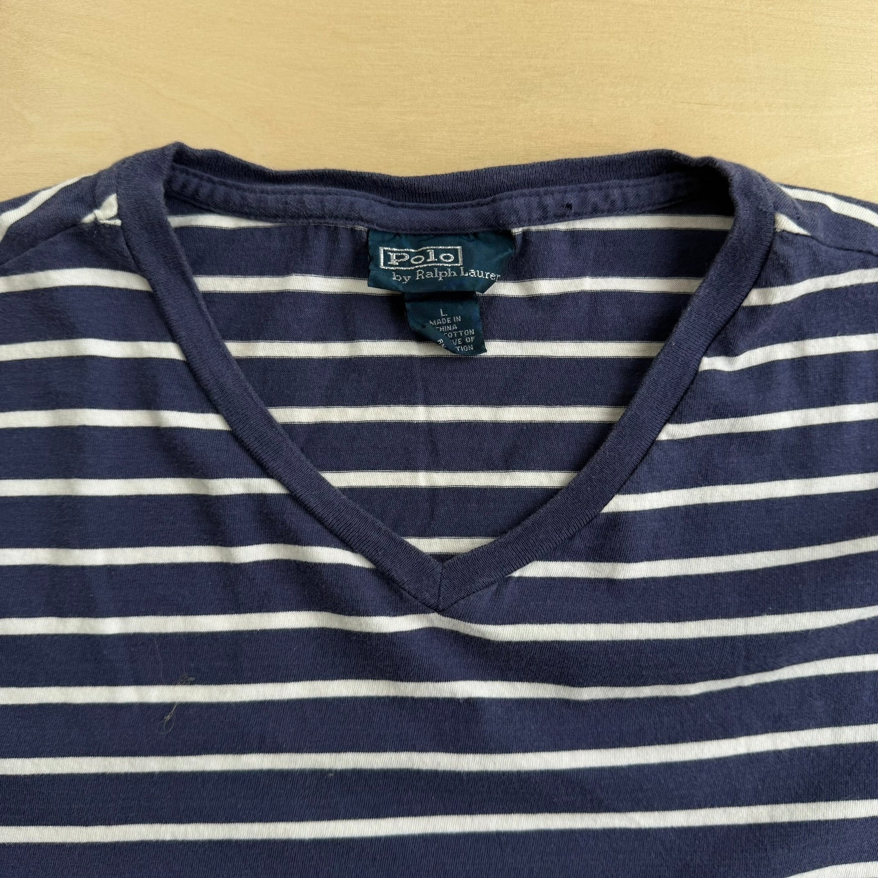 J- Vintage Polo RL Navy/White Striped V-Neck Tee - L