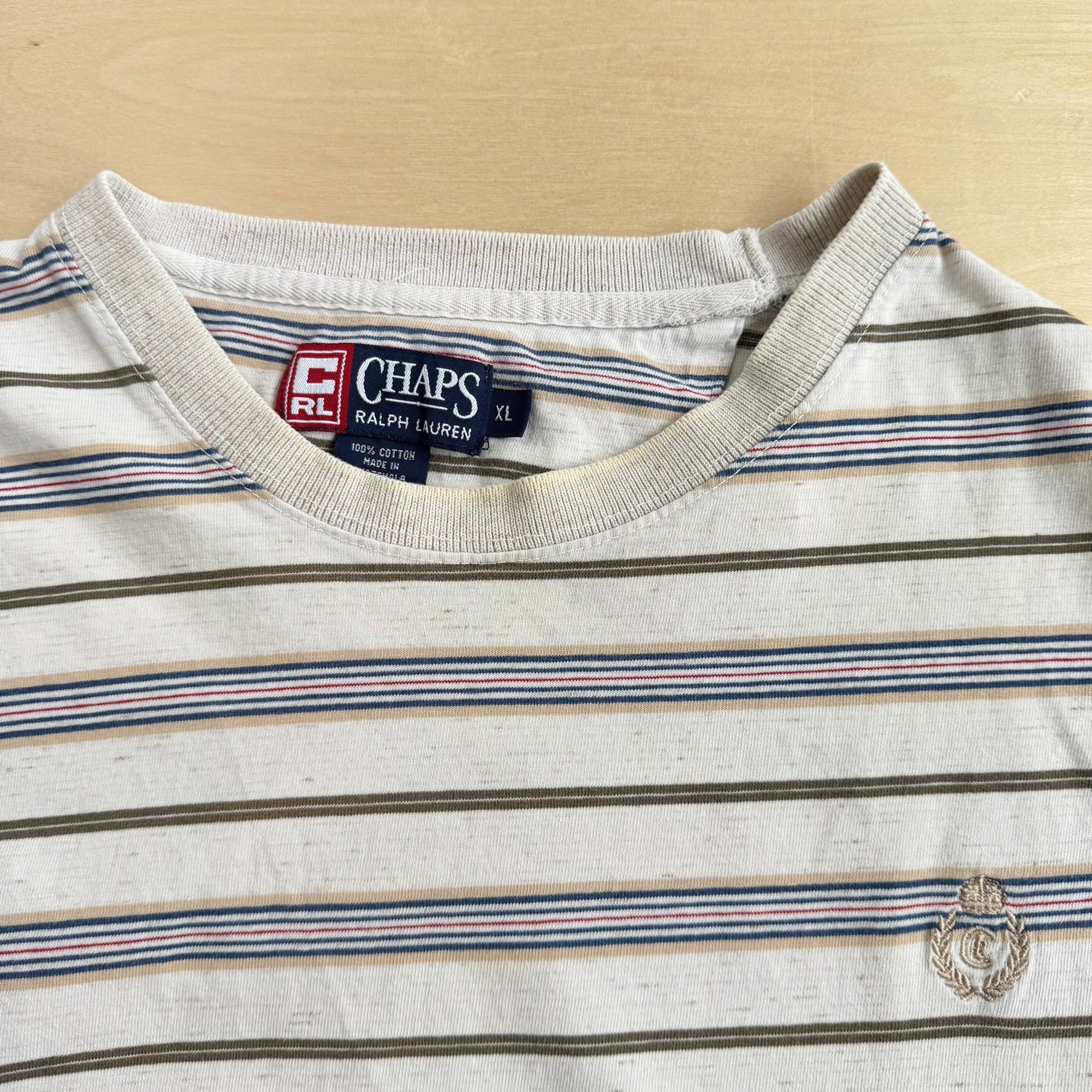 J- Vintage Ralph Lauren Chaps Embroidered Logo Striped Tee - XL