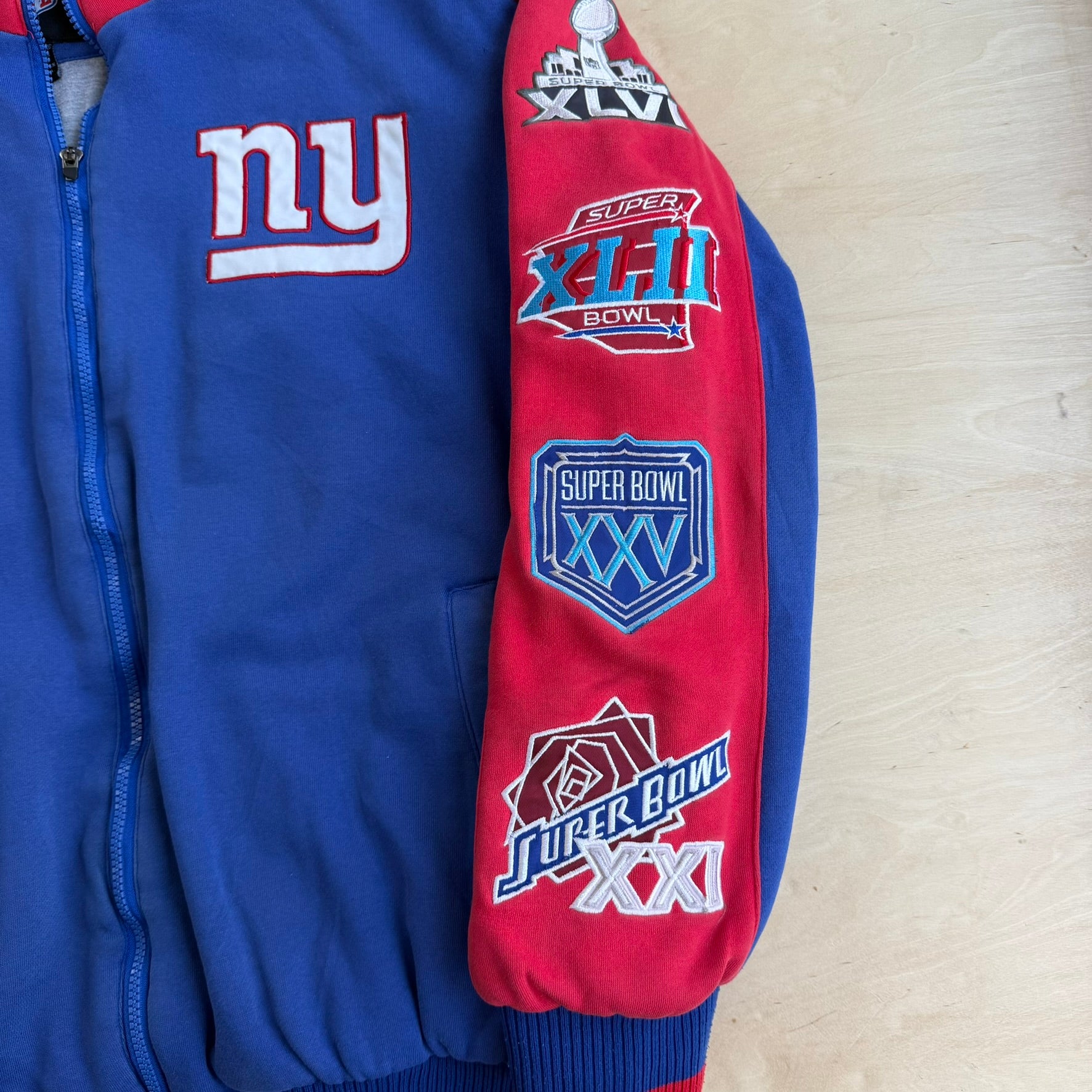J- Vintage '11 New York Giants NFL Super Bowl Champs Embroidered Patches Zip Up Sweatshirt Jacket - 2XL