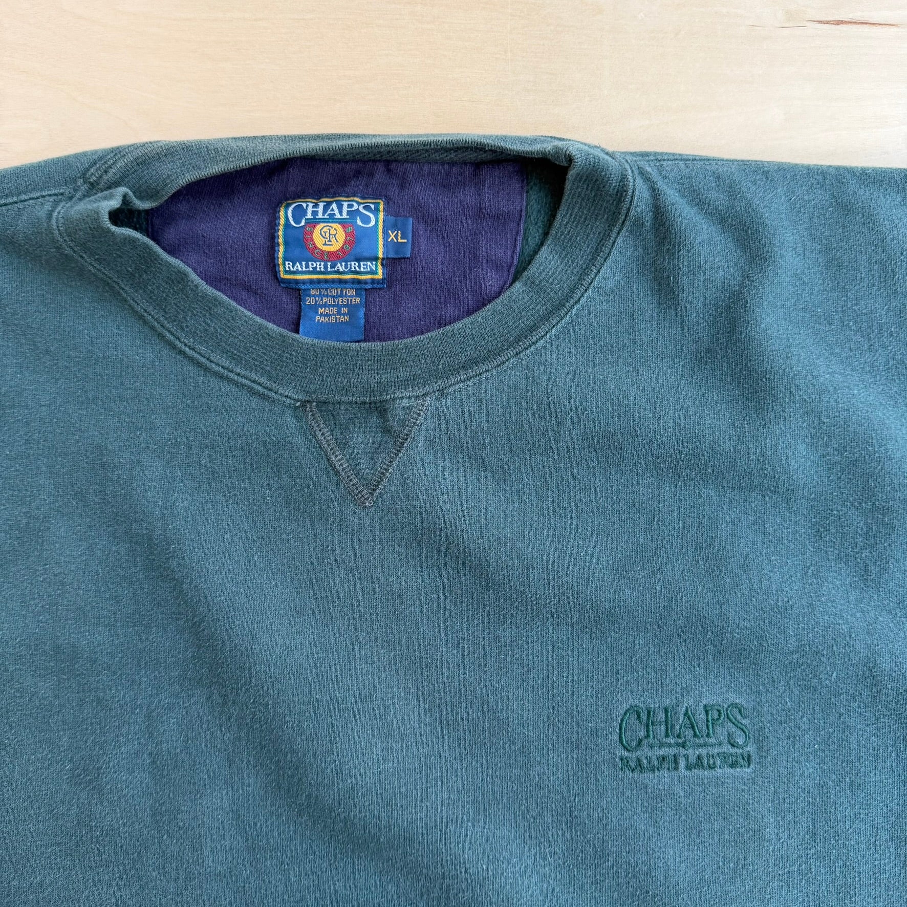 J- Vintage 90s Chaps RL Embroidered Logo Dark Green Crewneck - XL