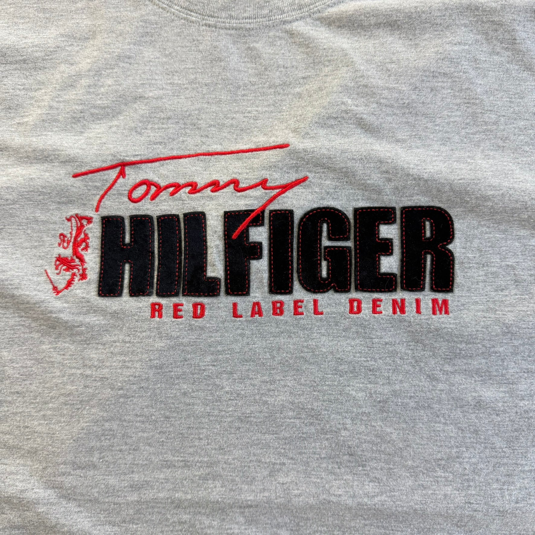 J- Vintage Tommy Hilfiger Red Label Denim Felt Embroidered Text Tee - 2XL