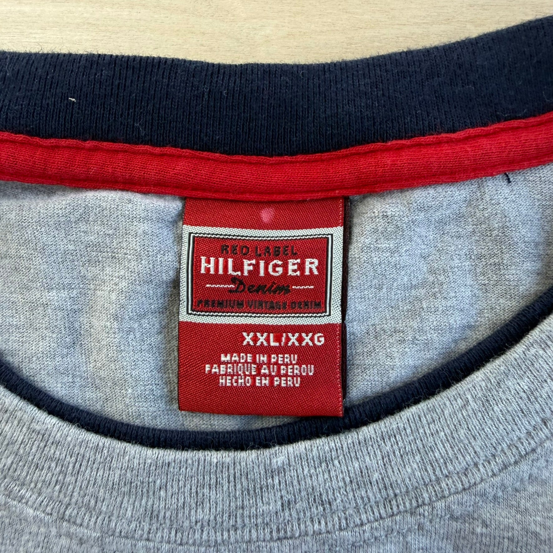 J- Vintage Tommy Hilfiger Red Label Denim Felt Embroidered Text Tee - 2XL