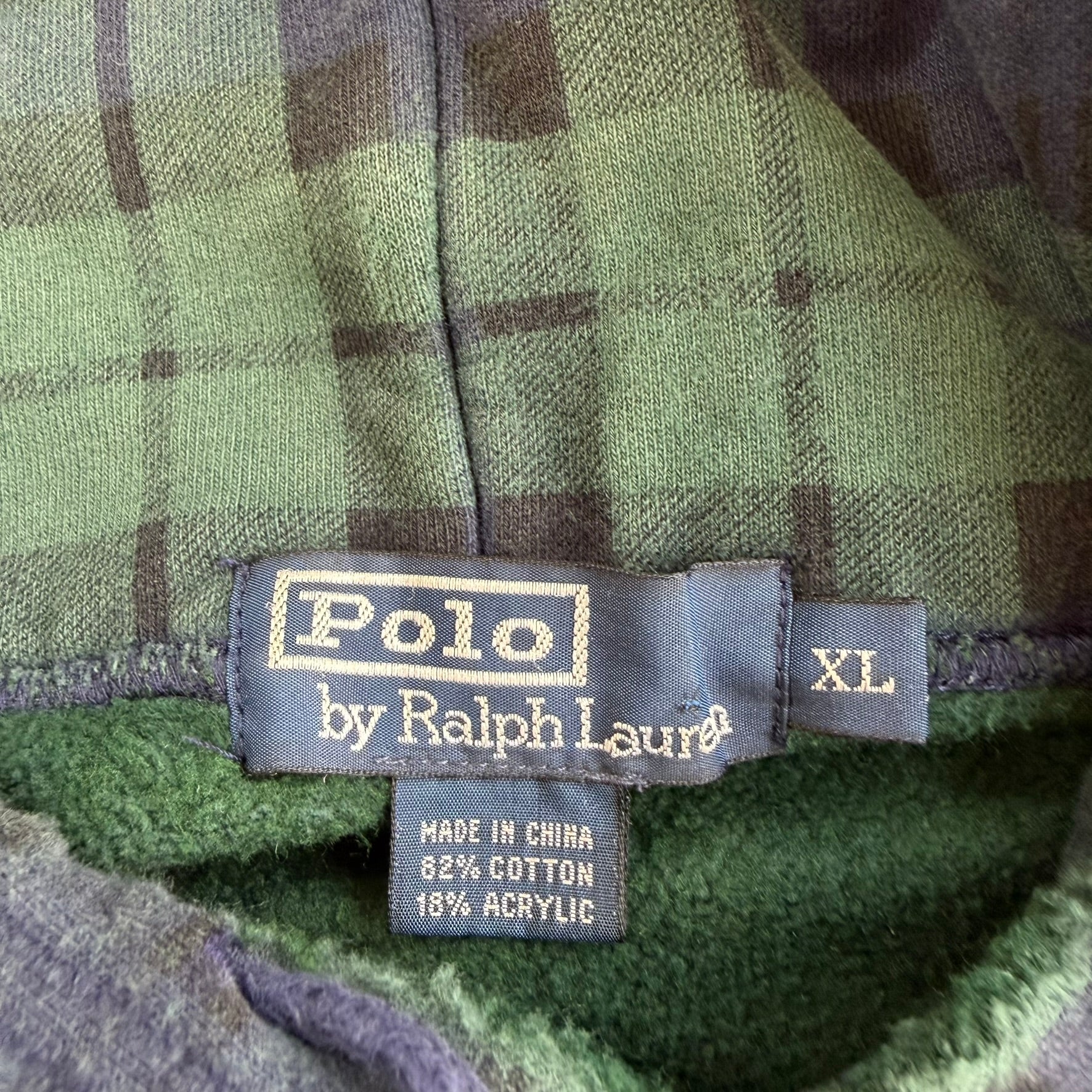 J- Vintage 90s Polo RL All Over Plaid Navy/Green Hoodie - XL