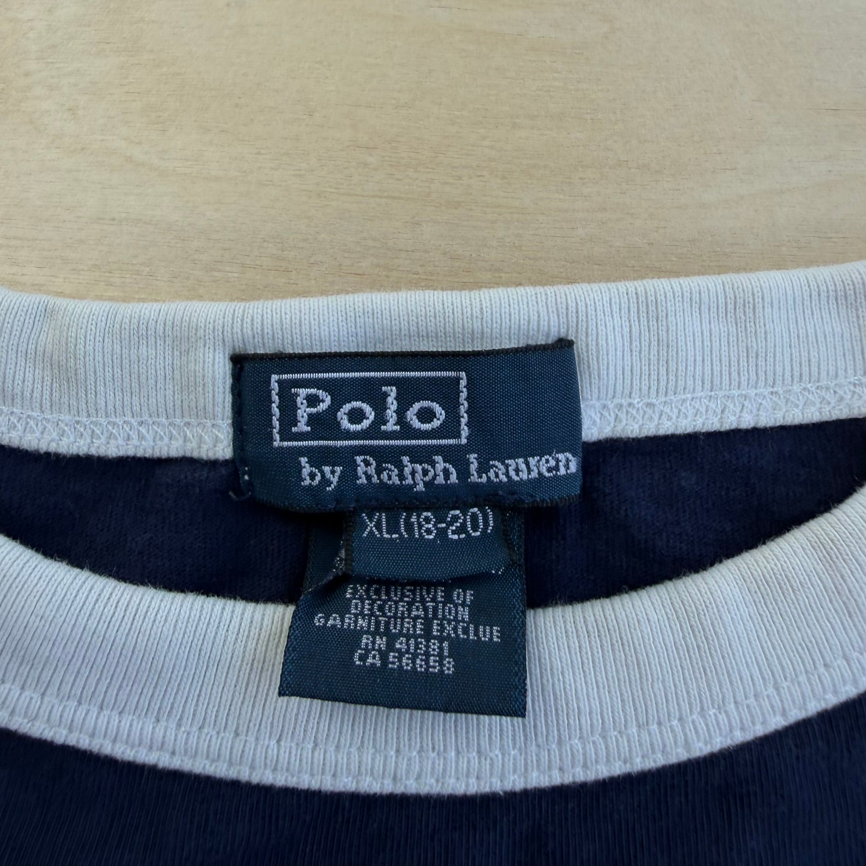 J- Vintage Polo Ralph Lauren USA Flag Graphic Ringer Tee - Youth XL (fits Adult S)