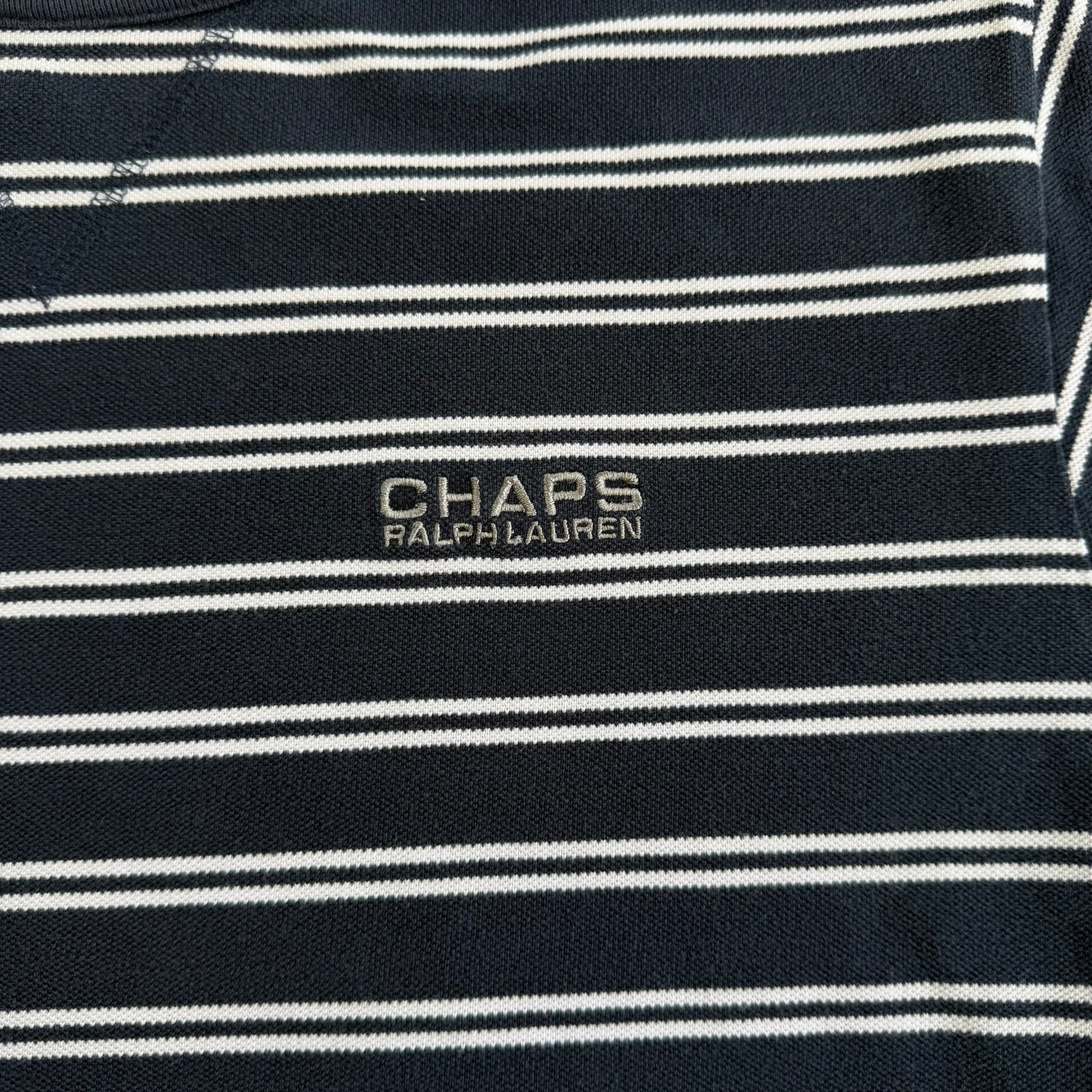 J- Vintage Ralph Lauren Chaps Embroidered Text Navy/White Striped Tee - L