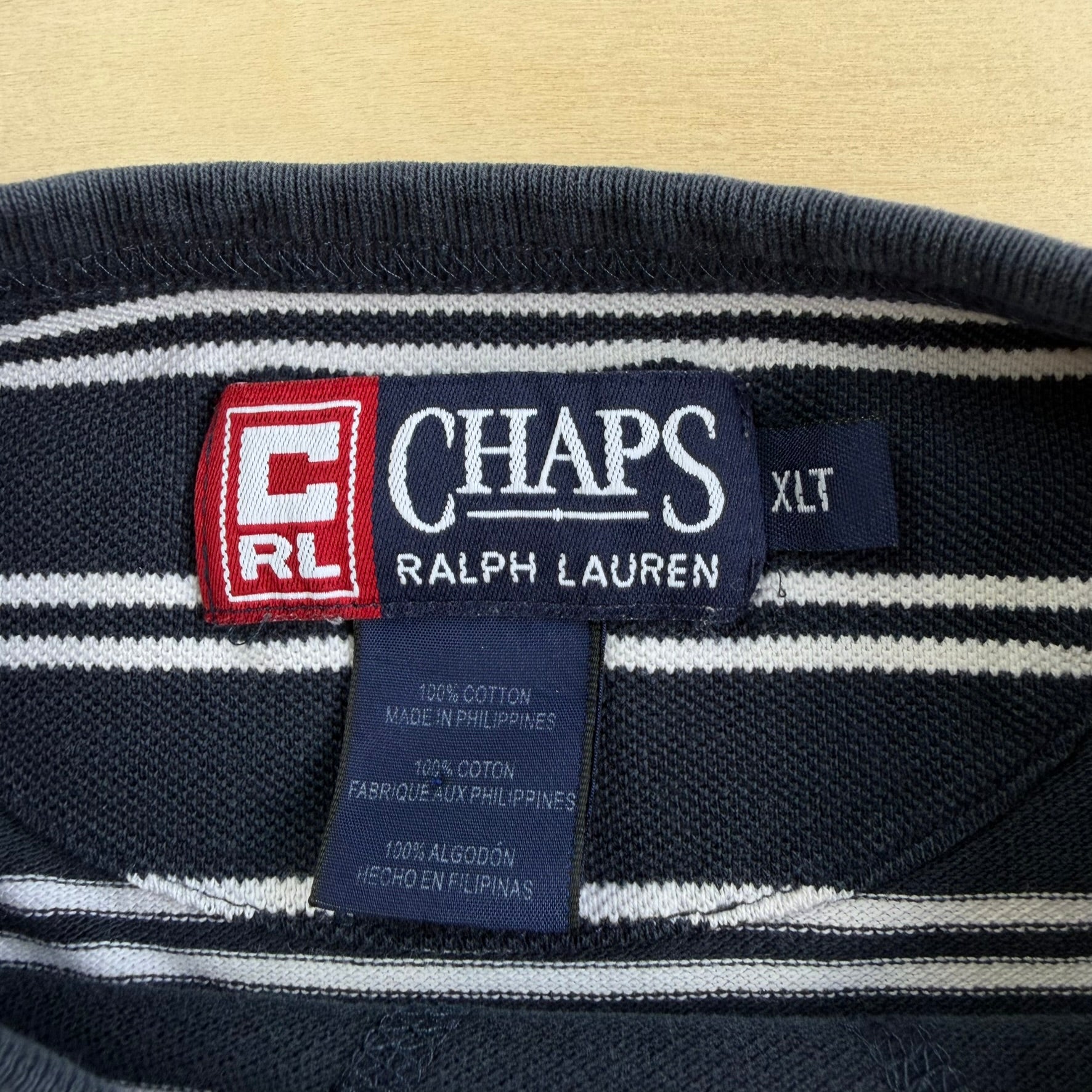 J- Vintage Ralph Lauren Chaps Embroidered Text Navy/White Striped Tee - L
