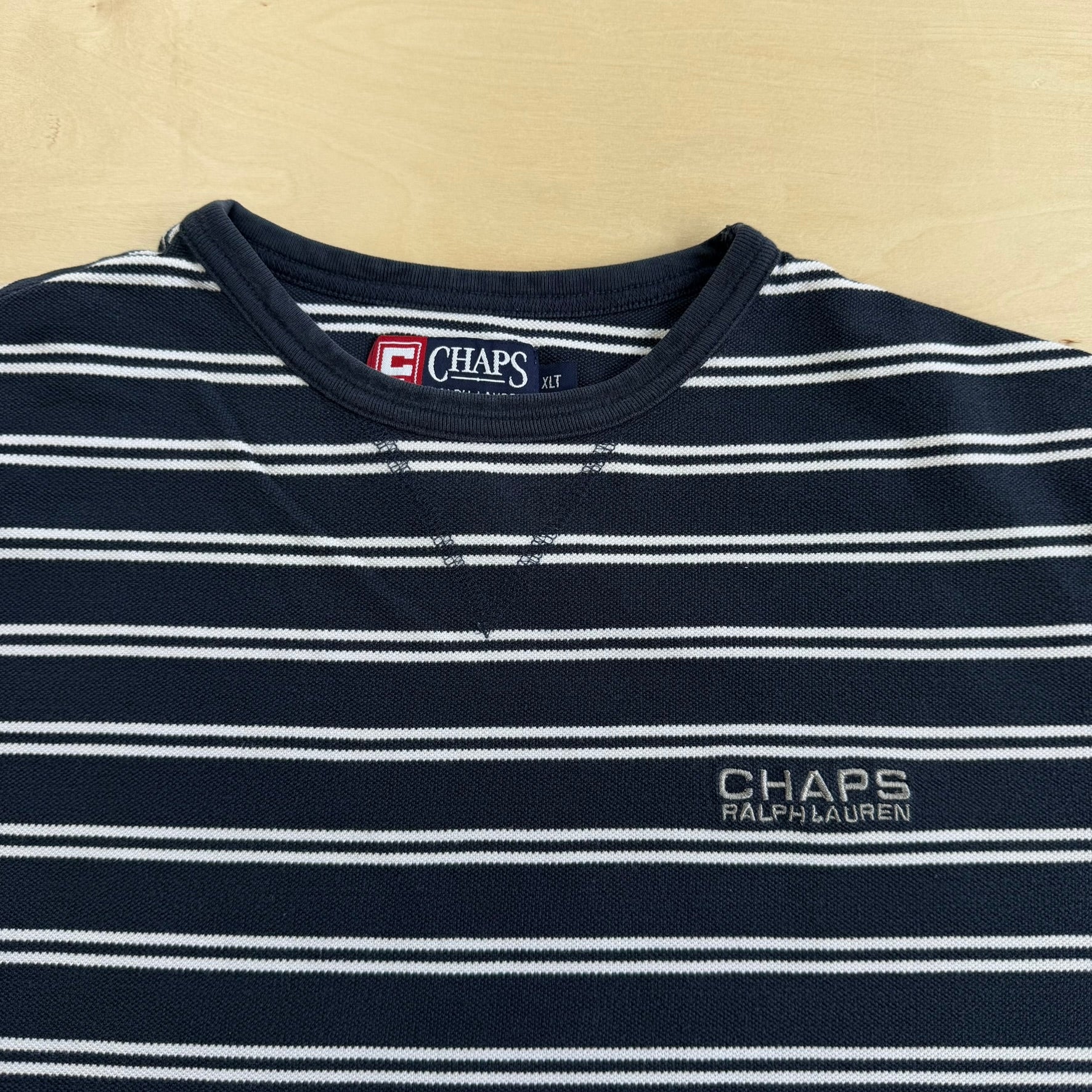 J- Vintage Ralph Lauren Chaps Embroidered Text Navy/White Striped Tee - L