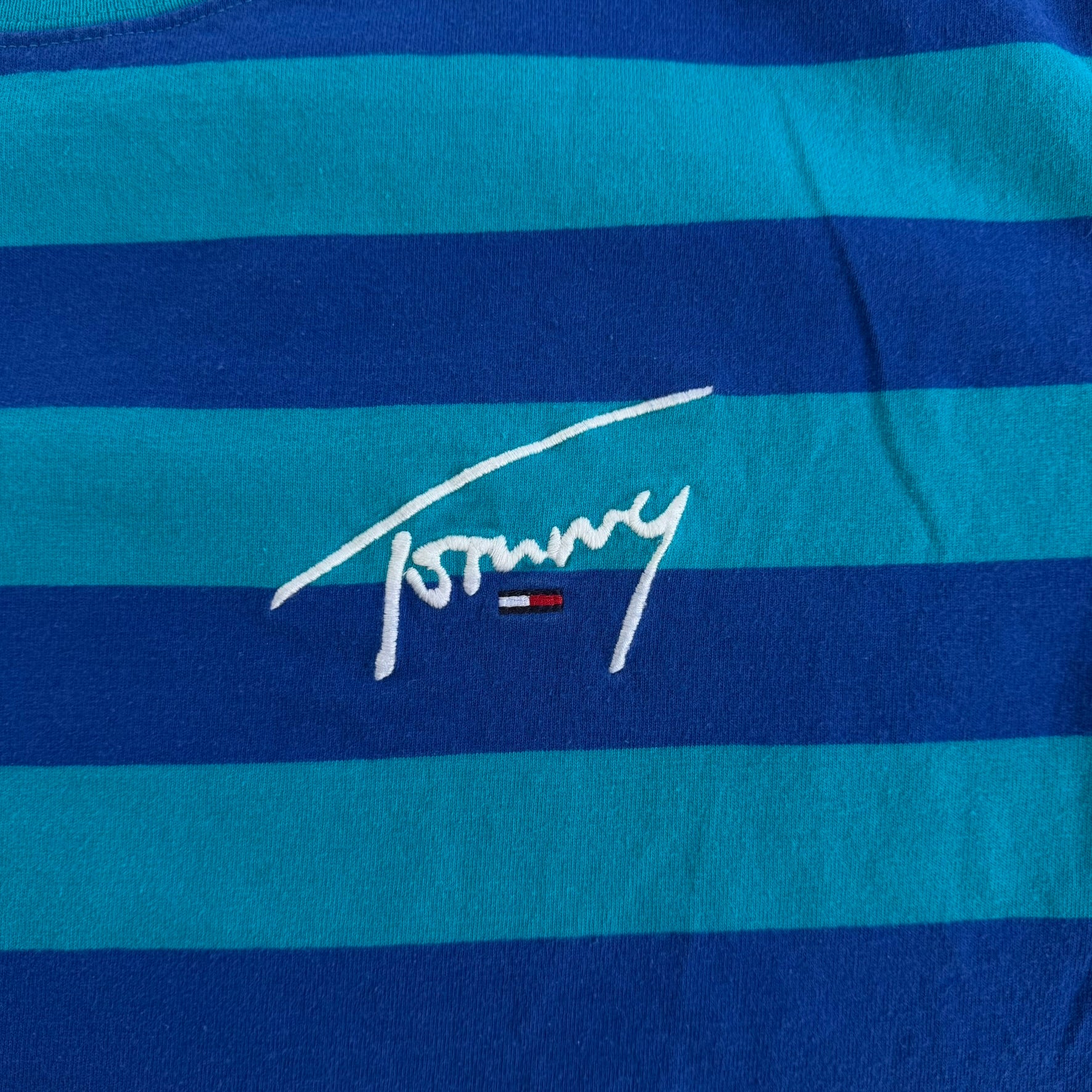 J- Vintage Tommy Jeans Embroidered Text Blue/Teal Striped Tee - L