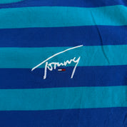 J- Vintage Tommy Jeans Embroidered Text Blue/Teal Striped Tee - L