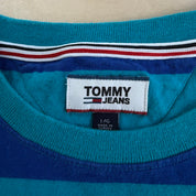 J- Vintage Tommy Jeans Embroidered Text Blue/Teal Striped Tee - L