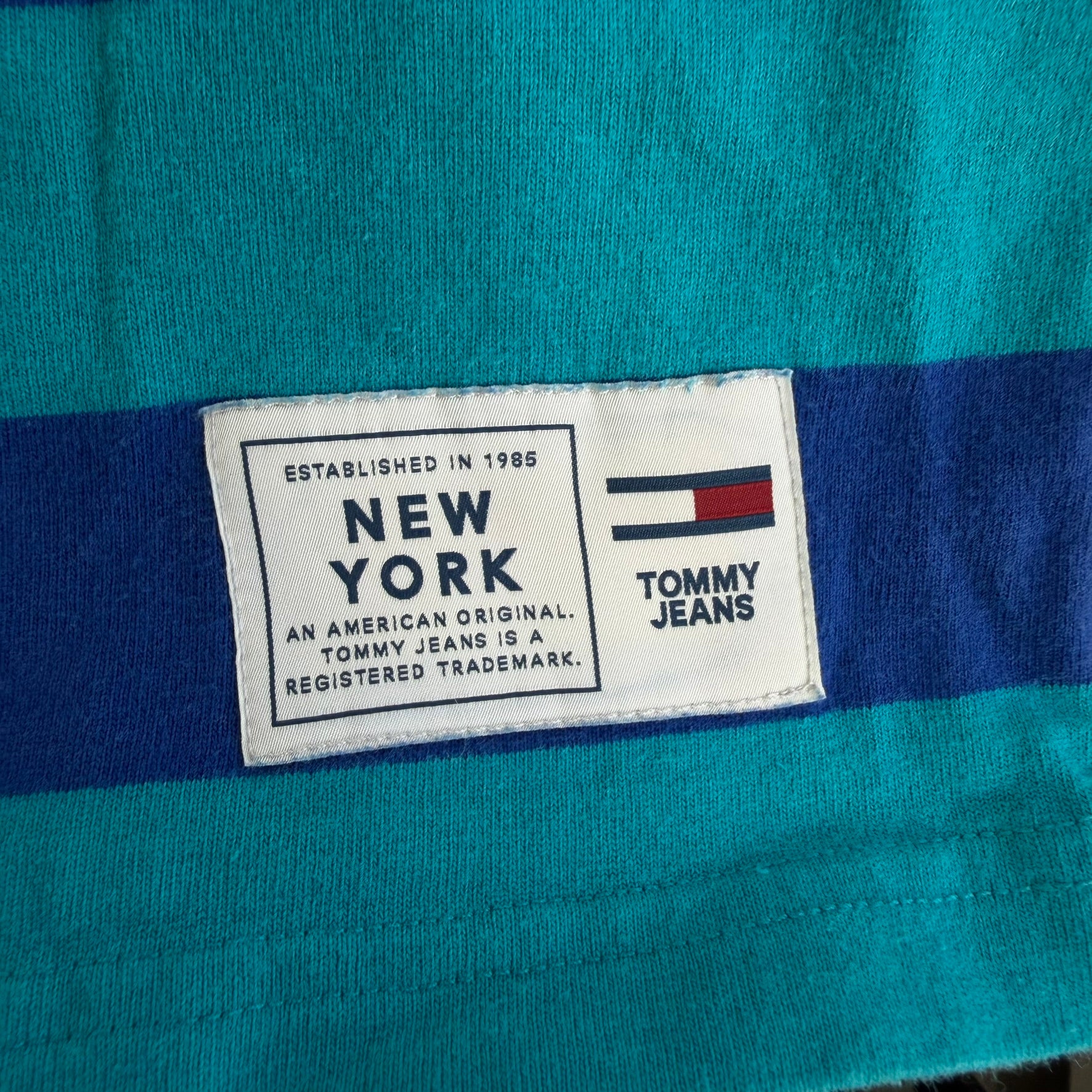 J- Vintage Tommy Jeans Embroidered Text Blue/Teal Striped Tee - L