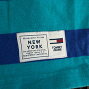 J- Vintage Tommy Jeans Embroidered Text Blue/Teal Striped Tee - L