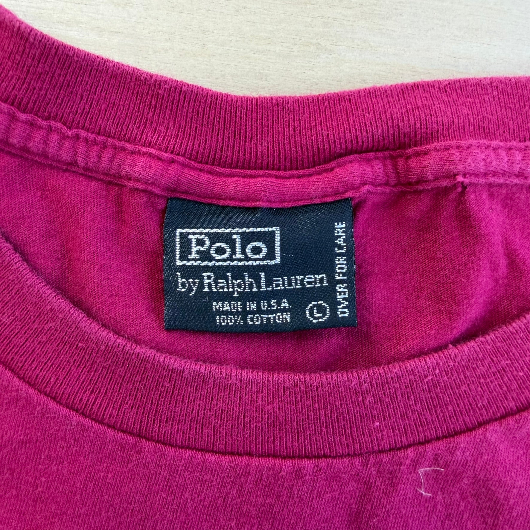 J- Vintage Polo Ralph Lauren Embroidered Logo Made In USA Single Stitch Pocket Pink Tee - L