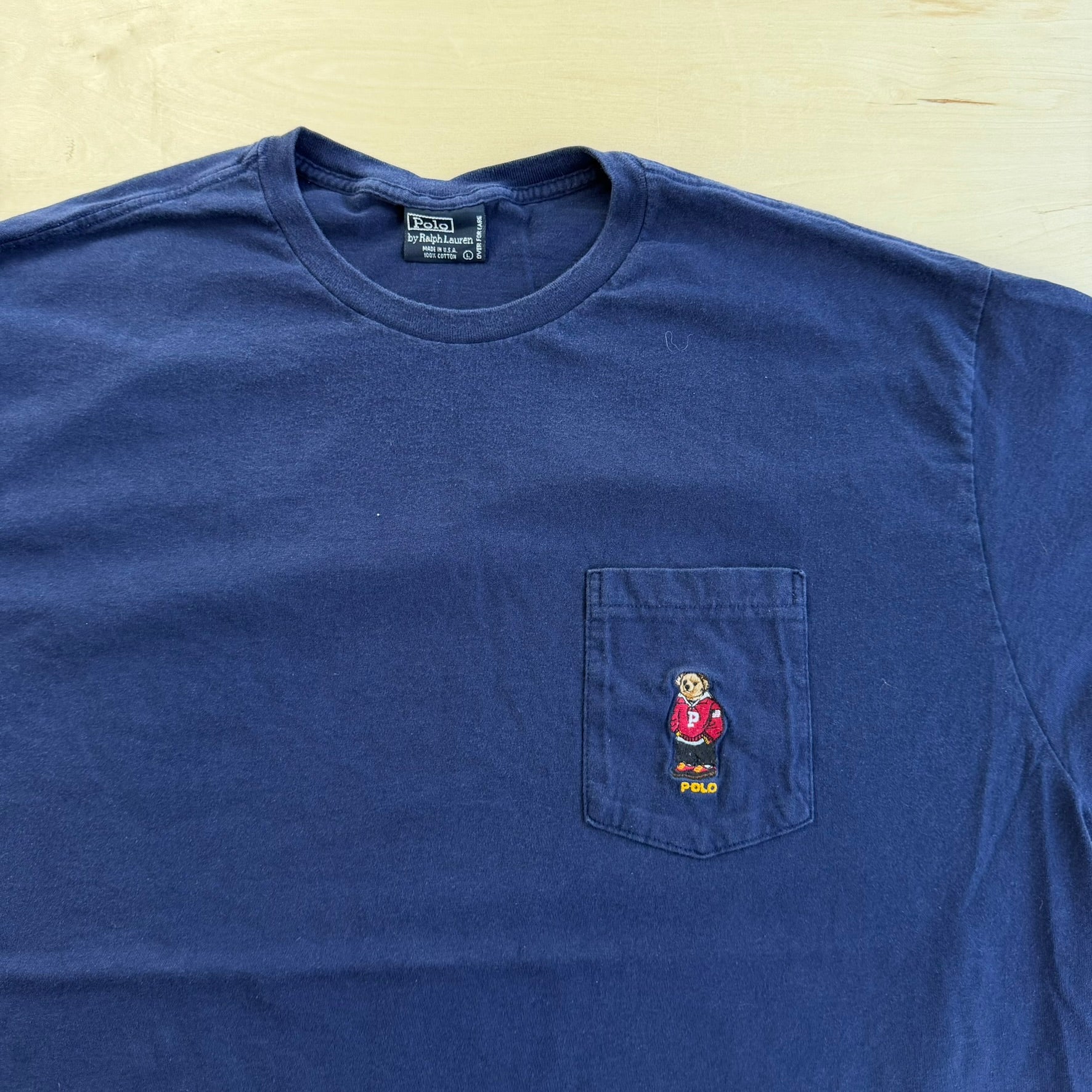 J- Vintage Polo Ralph Lauren Embroidered Bear Made In USA Single Stitch Pocket Tee - L