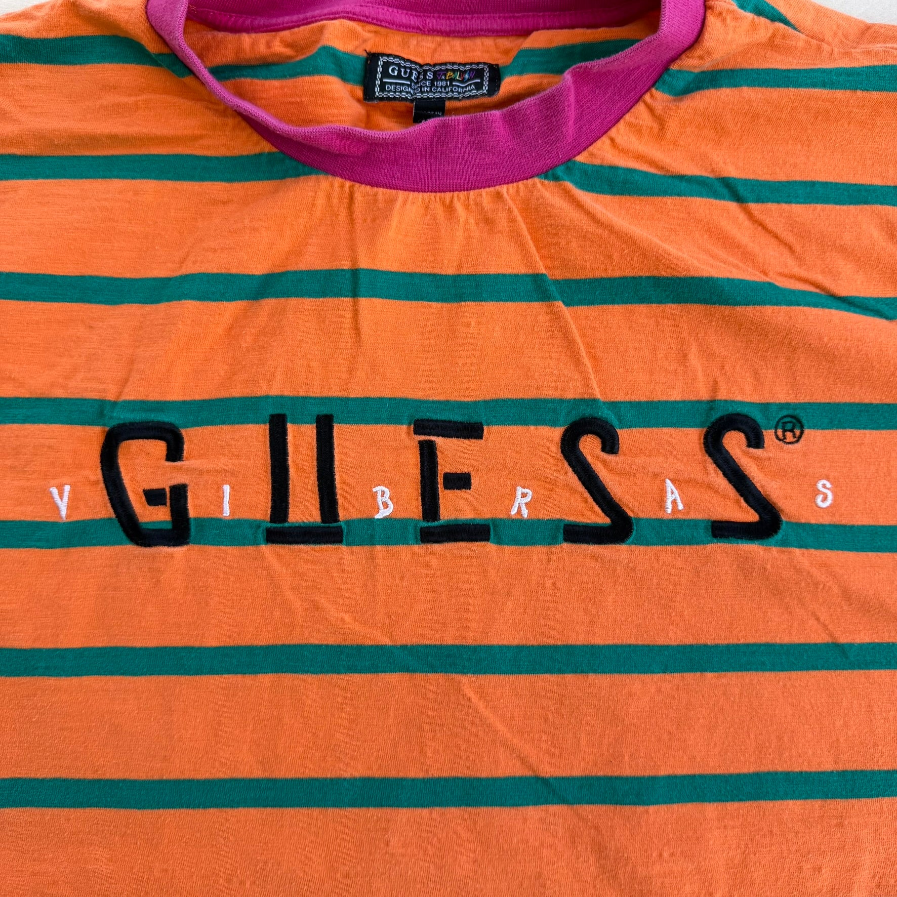 J- Guess x J Balvin Embroidered Text Striped Tee - L
