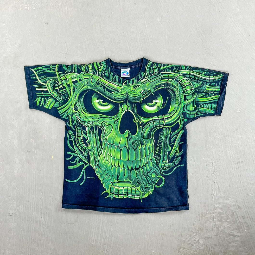 F- Vintage '98 Liquid Blue Robot Skeleton Skull Jumbo Print Tee