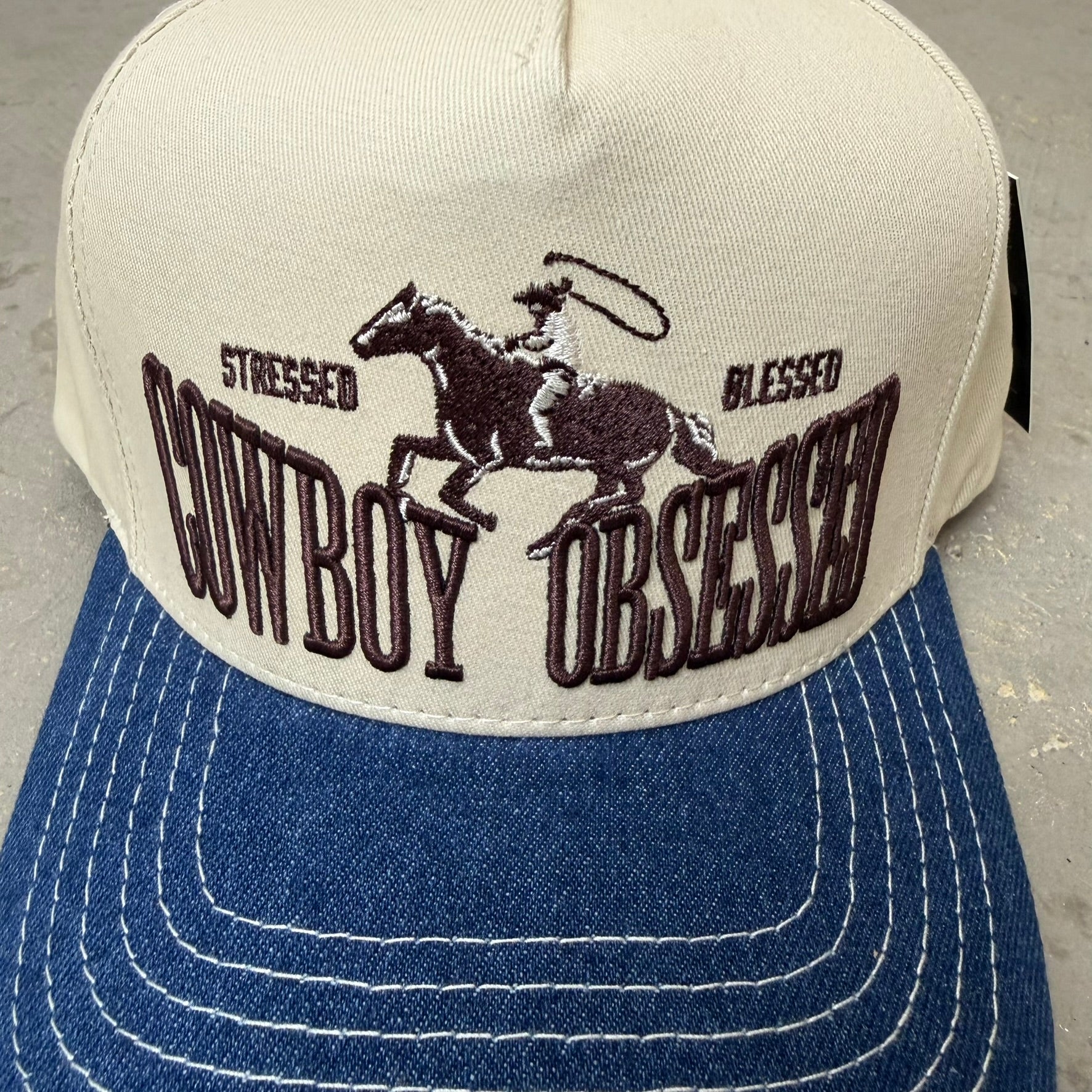 K- Denim Cowboy Obsessed Embroidered Snapback Hat - 35