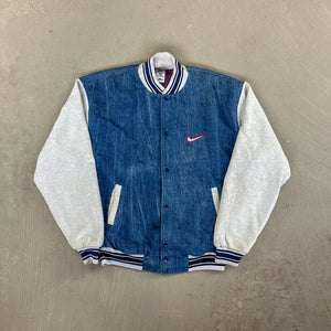 F- Vintage Nike Embroidered Swoosh Sweatshirt Denim Jacket