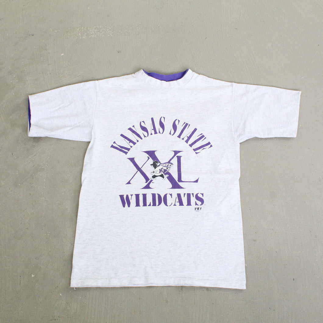 F- Vintage 1992 Kansas State Wildcats Text & Mascot Double Collar Tee