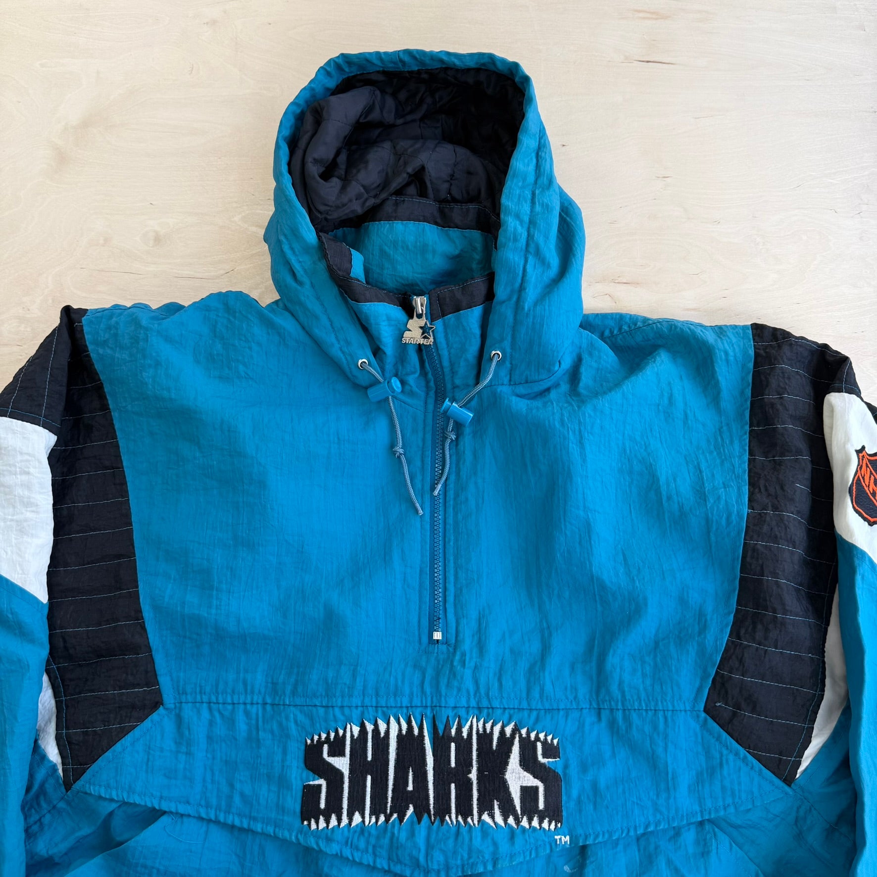 J- Vintage 90's San Jose Sharks NHL Starter Embroidered Logo Anorak Pullover Winter Jacket - L