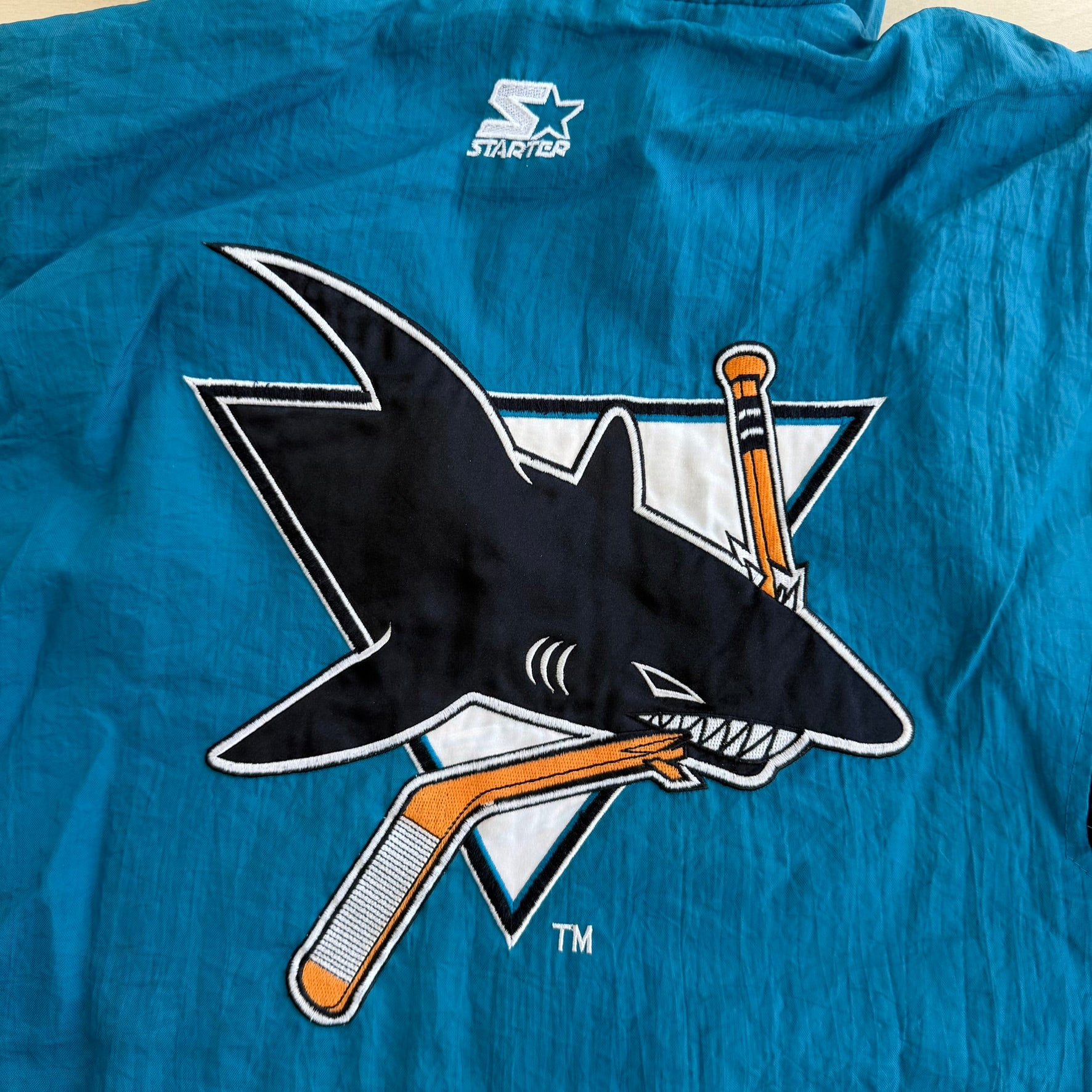 J- Vintage 90's San Jose Sharks NHL Starter Embroidered Logo Anorak Pullover Winter Jacket - L