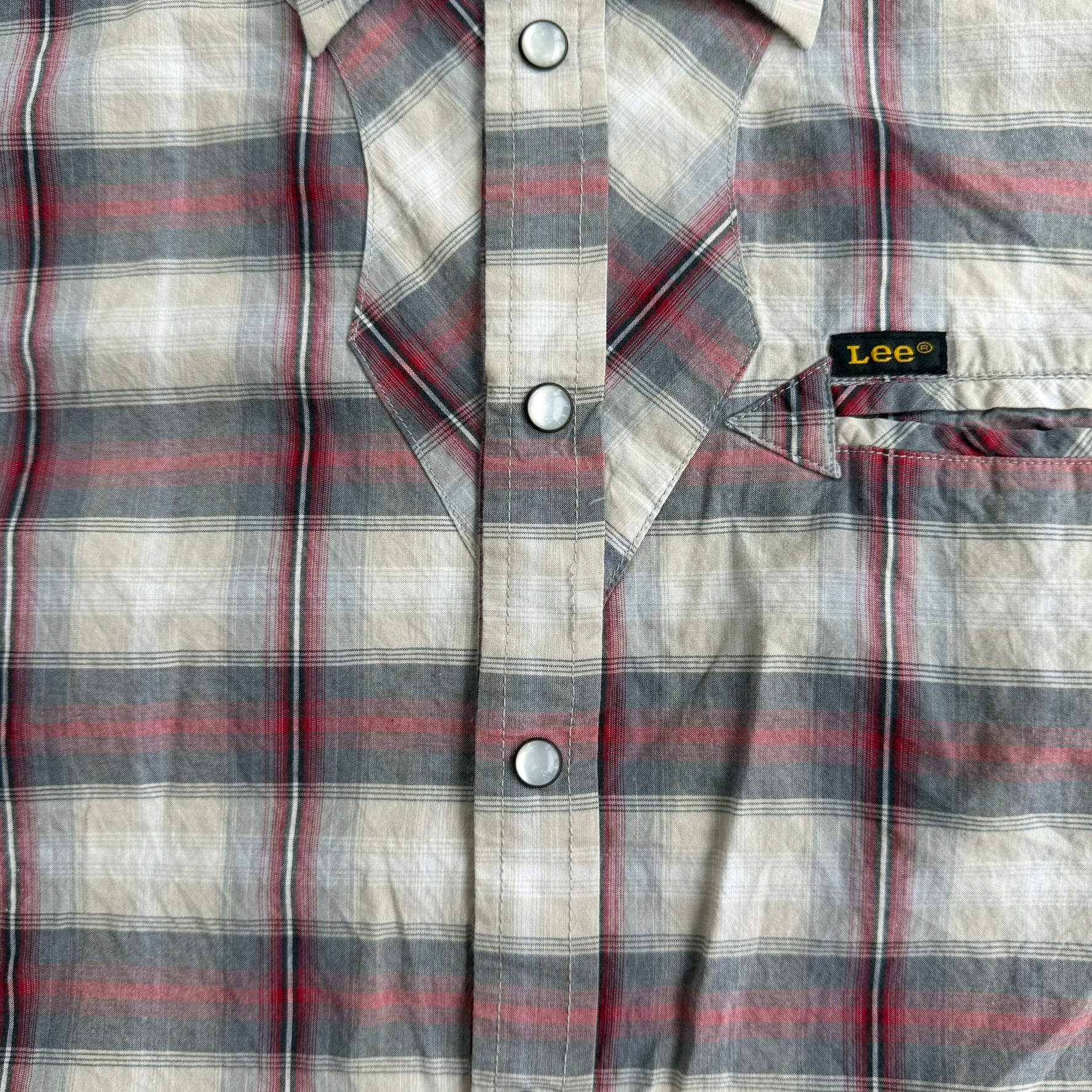 J- Vintage Lee Short Sleeve Western Plaid Pearl Snap Button Down Shirt - L