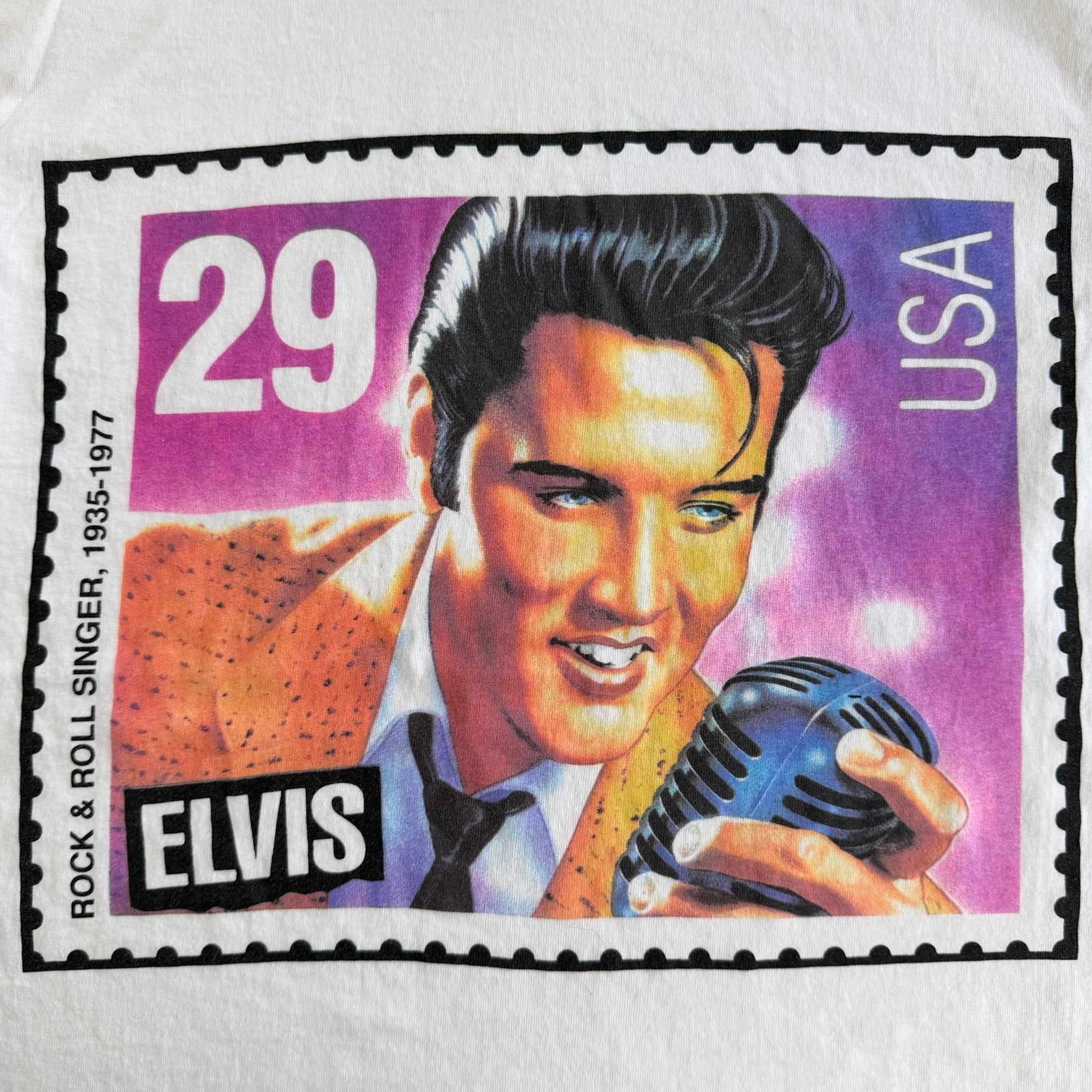 J- Vintage 90s Elvis Presley Rock & Roll Singer Stamp Graphic Made In USA Single Stitch Tee - M