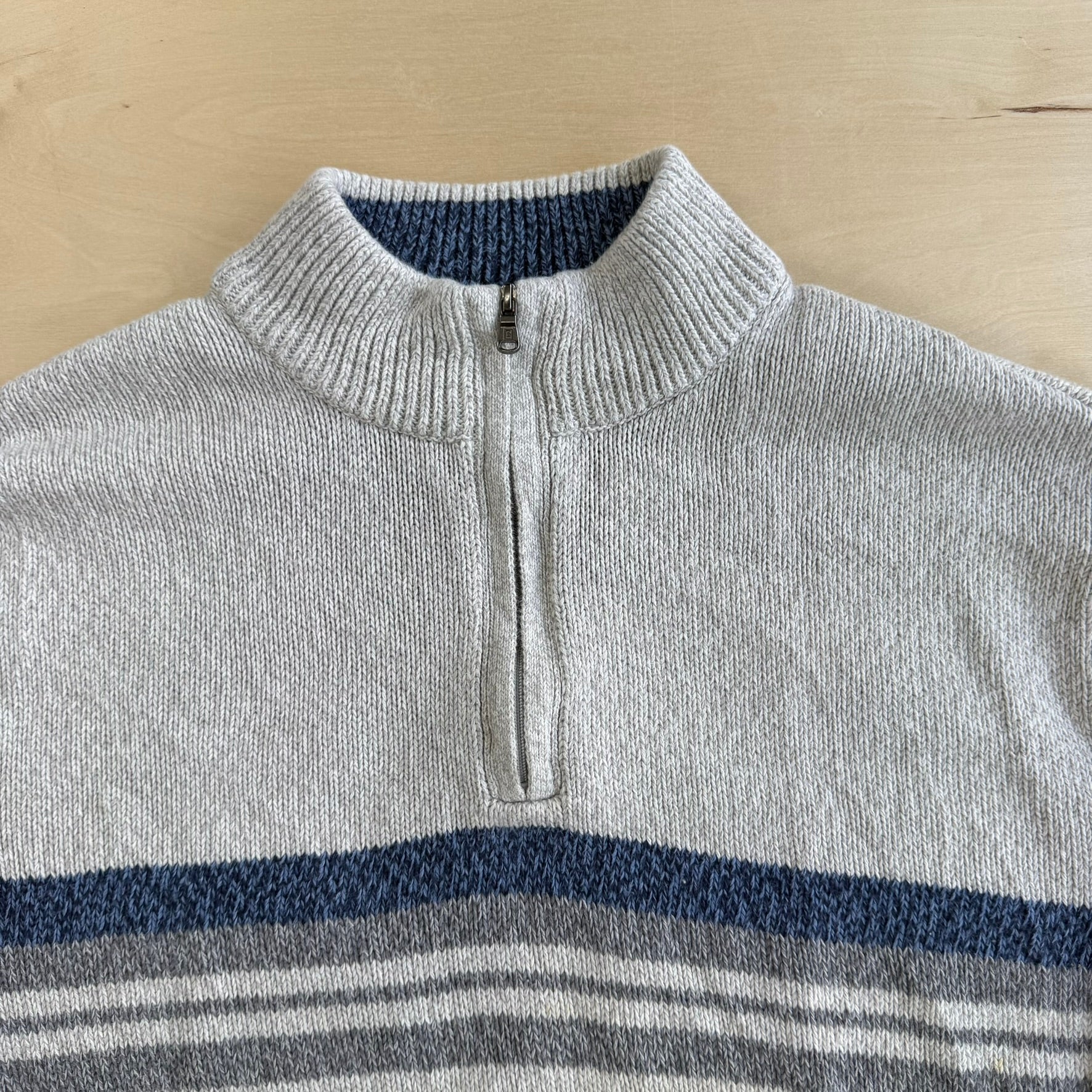 J- Vintage Chaps RL Grey/Blue Striped Quarter Zip Knit Sweater - XL