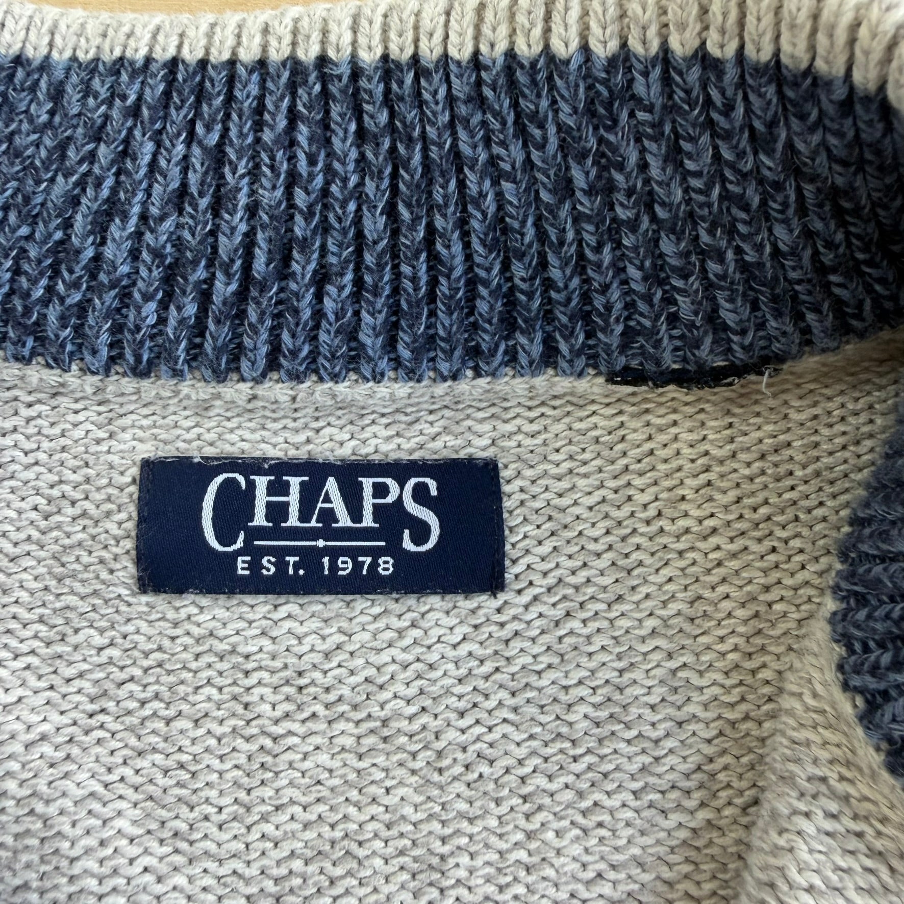 J- Vintage Chaps RL Grey/Blue Striped Quarter Zip Knit Sweater - XL
