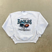F- Vintage Philadelphia Eagles NFL Lee Text & Helmet/Football Crewneck