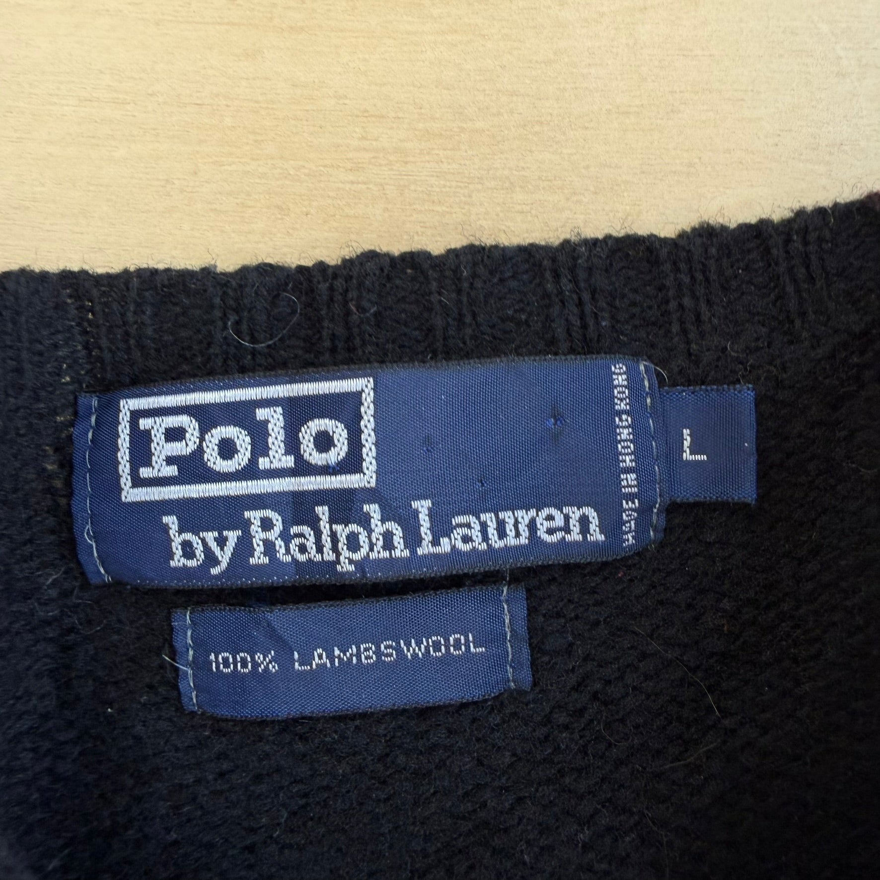 J- Vintage 90s Polo RL Embroidered Logo Black Wool Knit Sweater - L