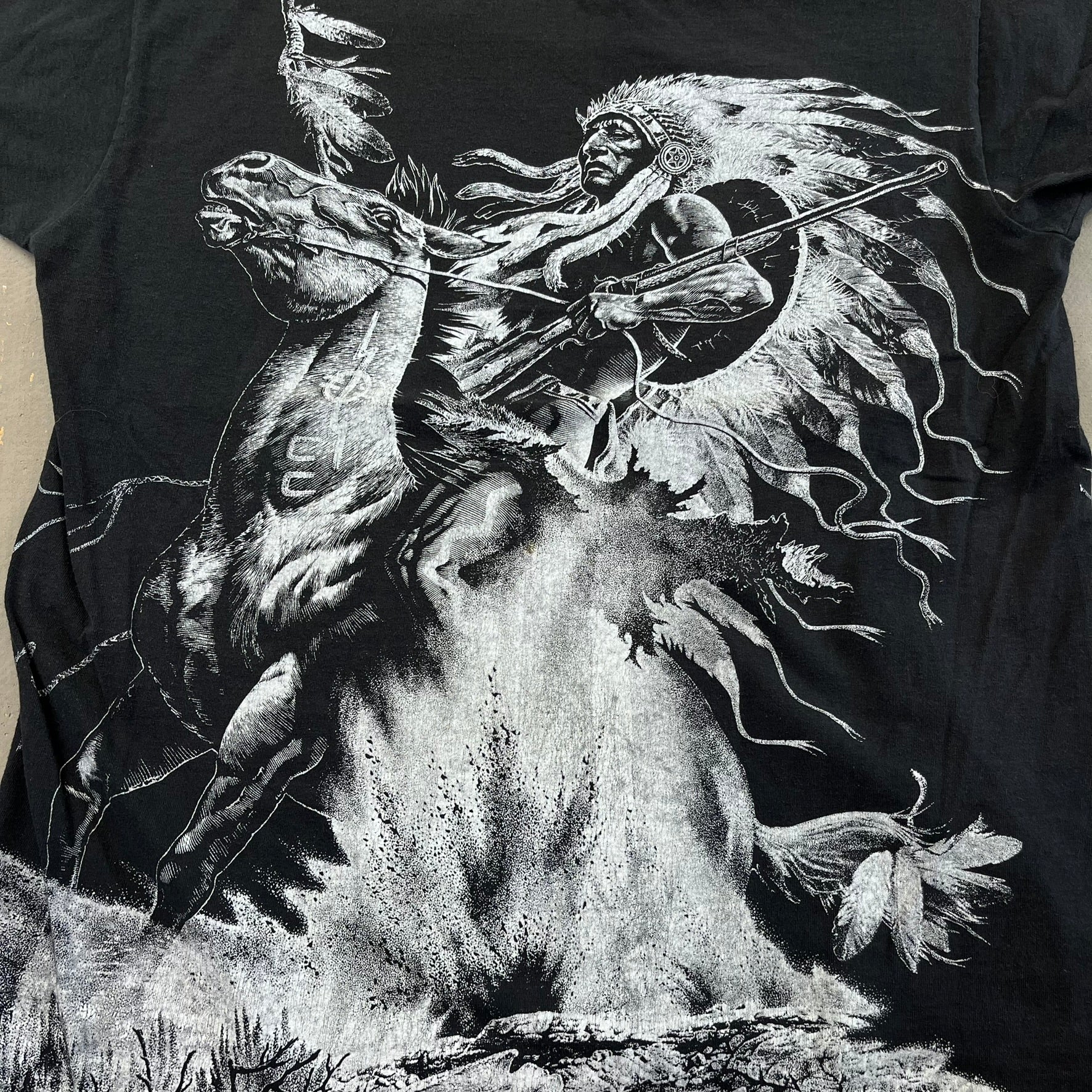 F- Vintage First Nation Warrior On Horse Jumbo Print Single Stitch Tee