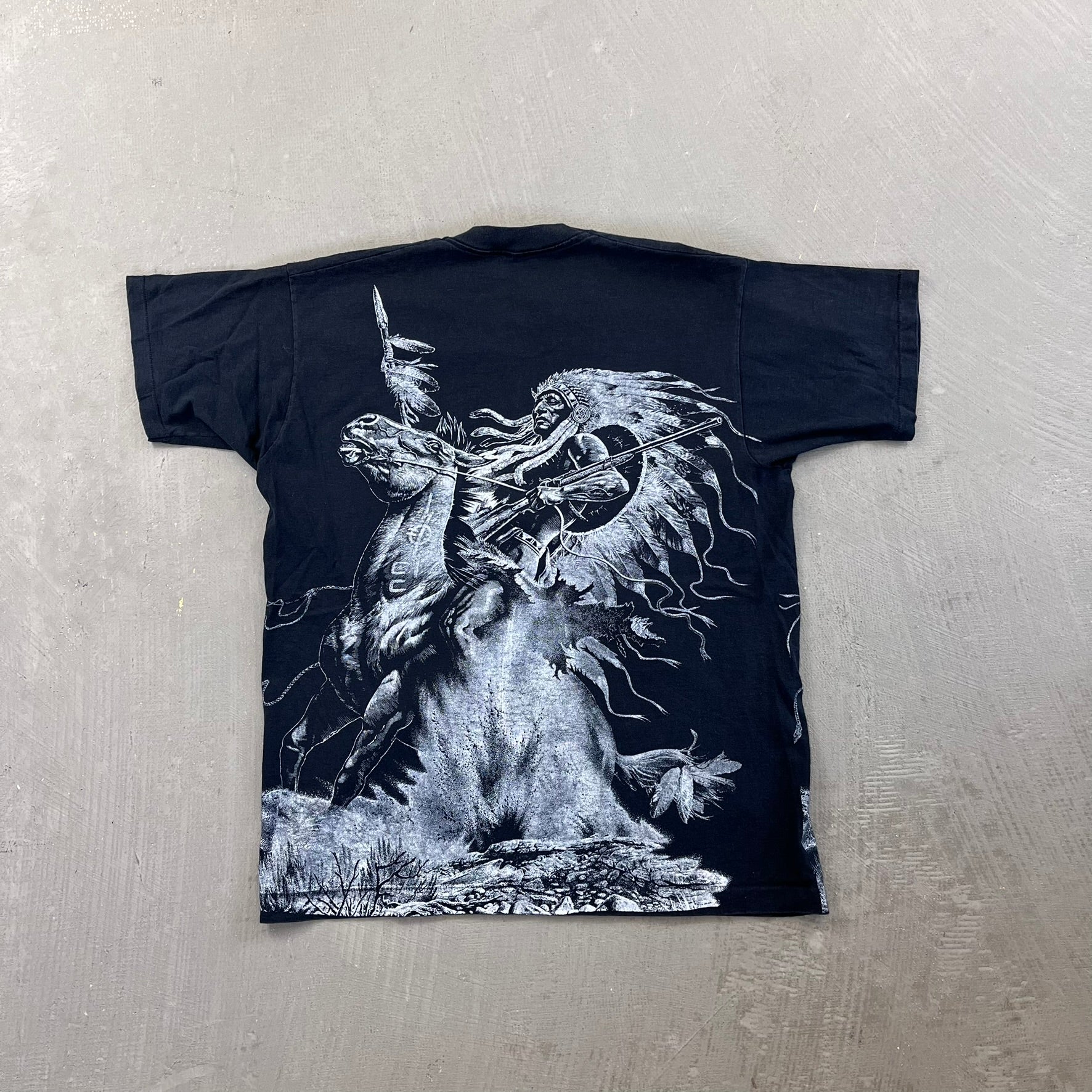 F- Vintage First Nation Warrior On Horse Jumbo Print Single Stitch Tee