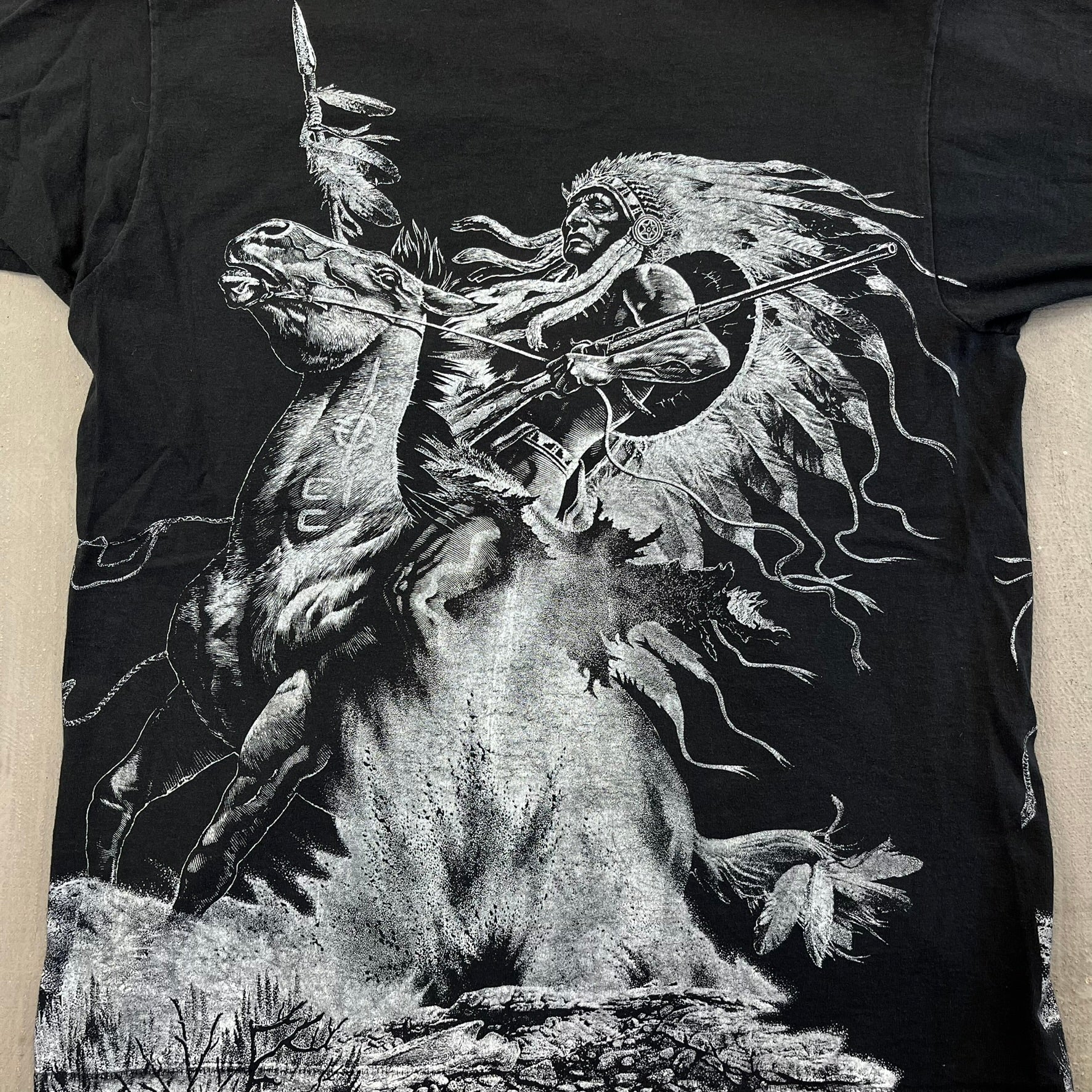 F- Vintage First Nation Warrior On Horse Jumbo Print Single Stitch Tee