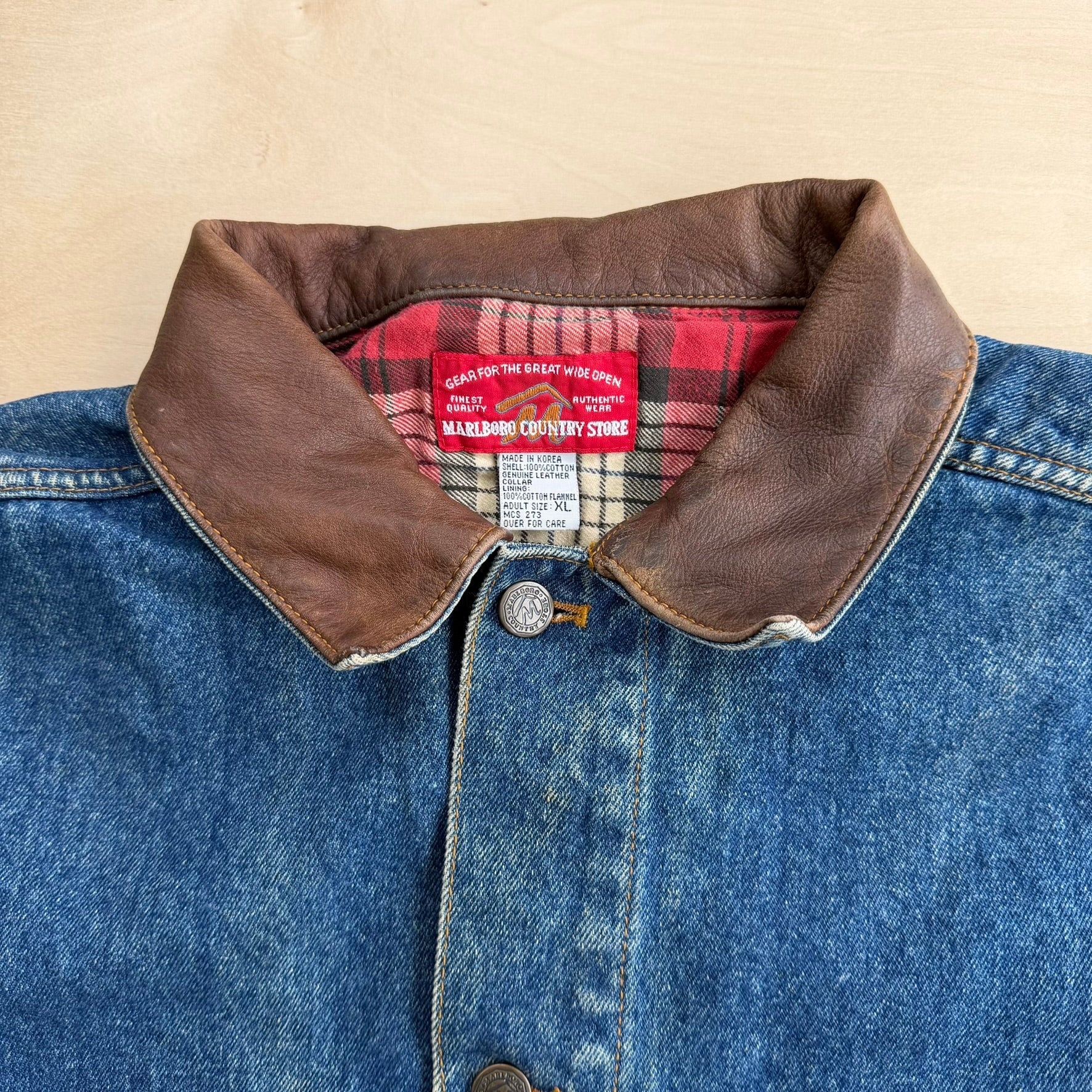 J- Vintage Marlboro Country Store Leather Collar Denim Jacket - XL