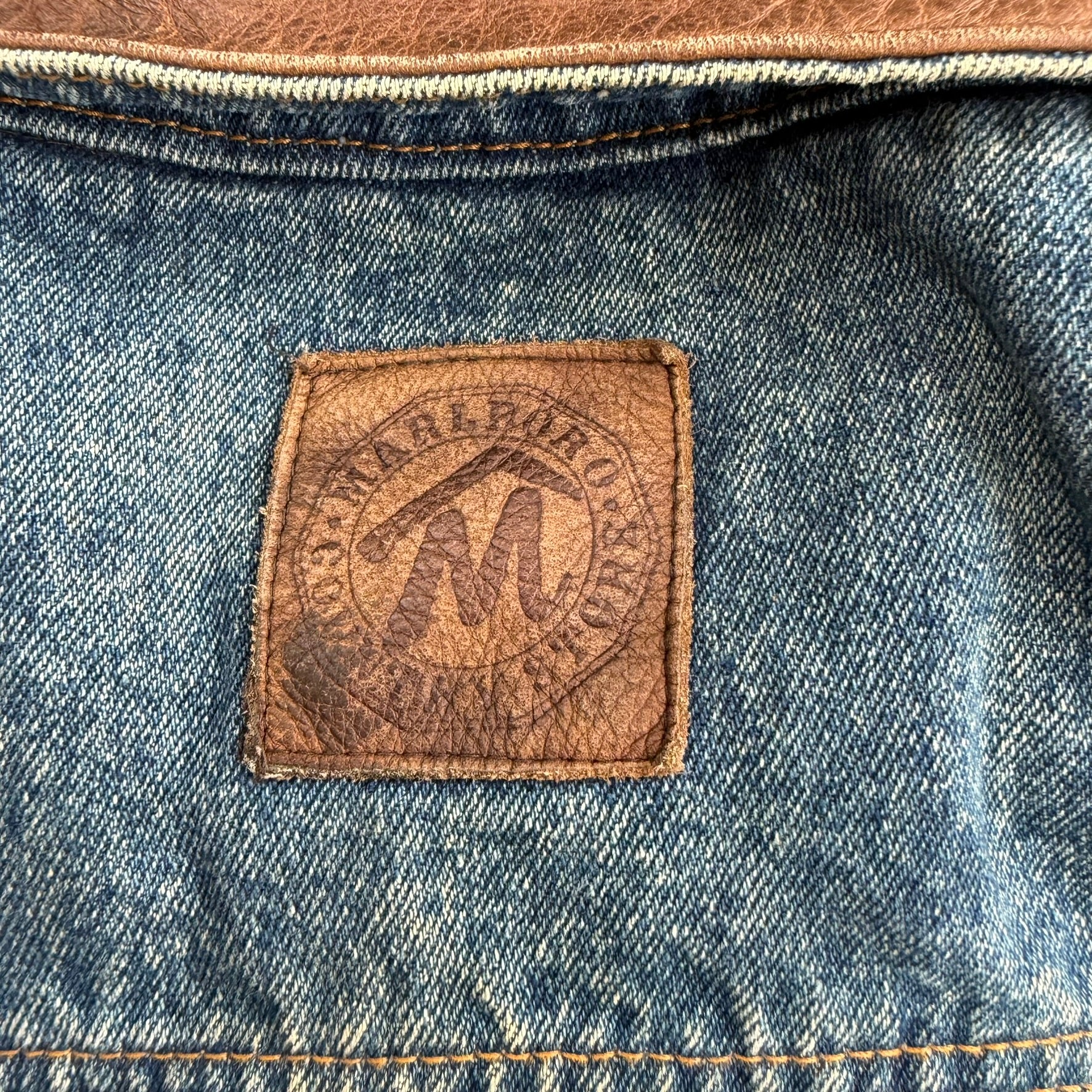 J- Vintage Marlboro Country Store Leather Collar Denim Jacket - XL