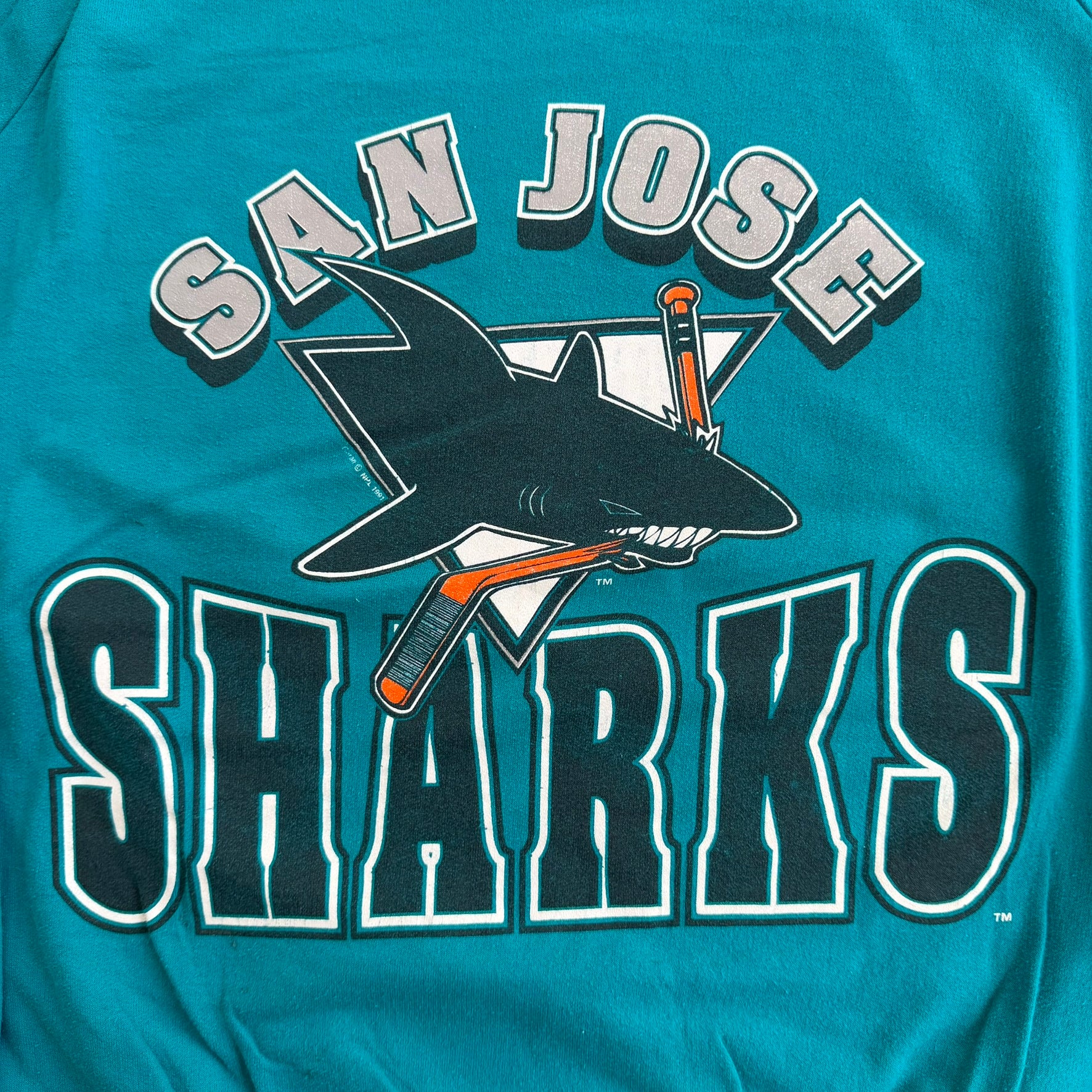 J- Vintage '91 San Jose Sharks NHL Logo & Text Graphic Made In USA Crewneck - XL