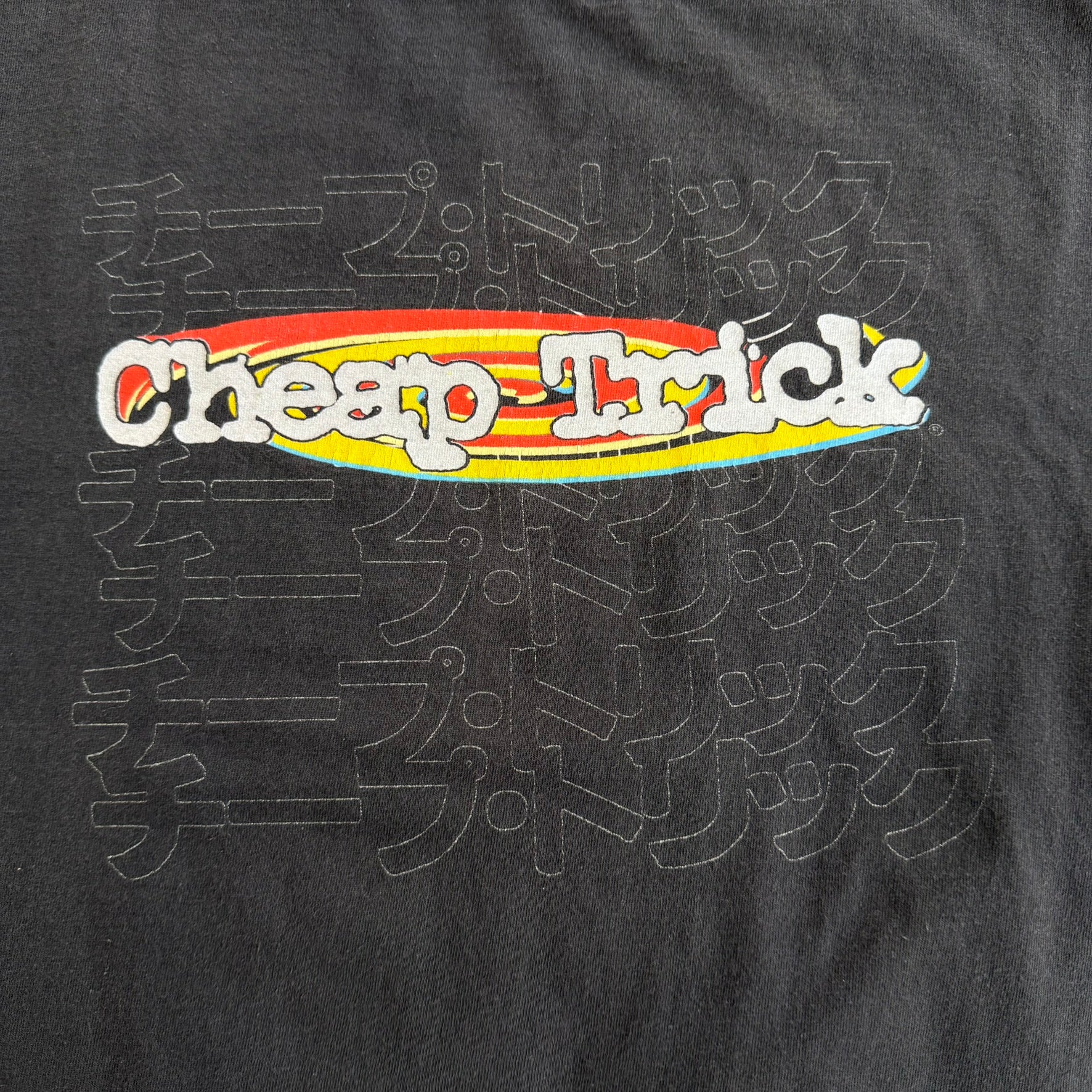 J- Vintage 90s Cheap Trick Text & Japanese Katakana Text Graphic Made In USA Single Stitch Tee - XL