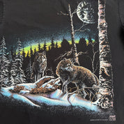 J- Vintage '93 Wolves In Winter Forest & Moon Graphic Single Stitch Gildan Heavy Weight Tag Tee - M