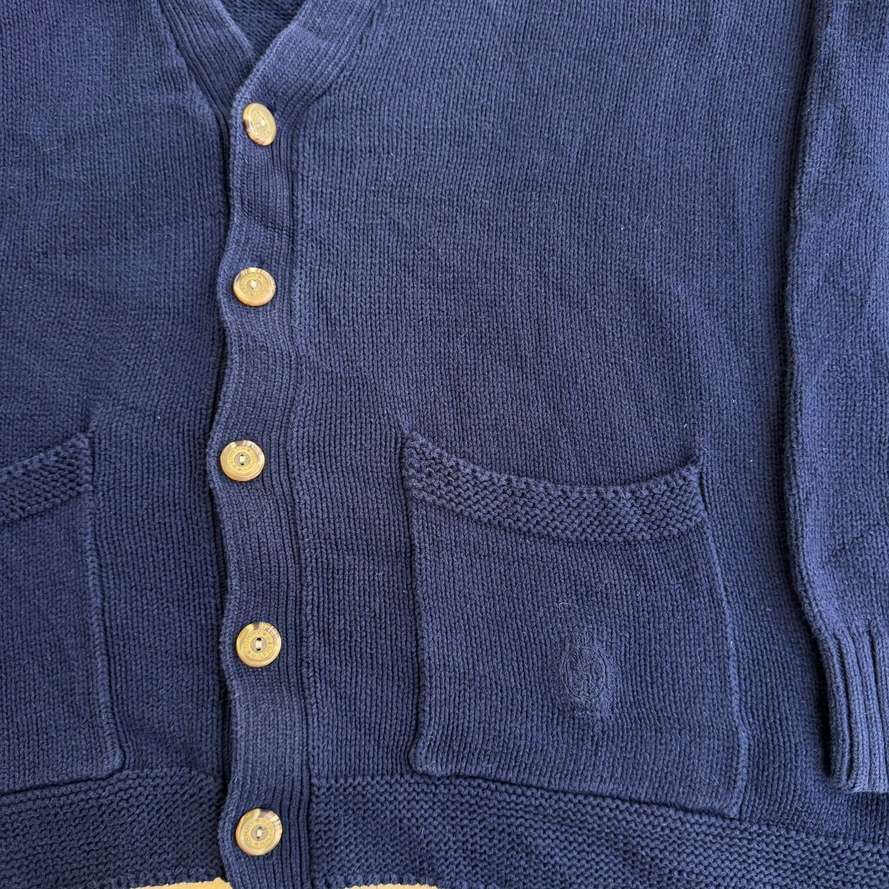 J- Vintage Tommy Hilfiger Embroidered Crest Navy Cardigan Knit Sweater - M