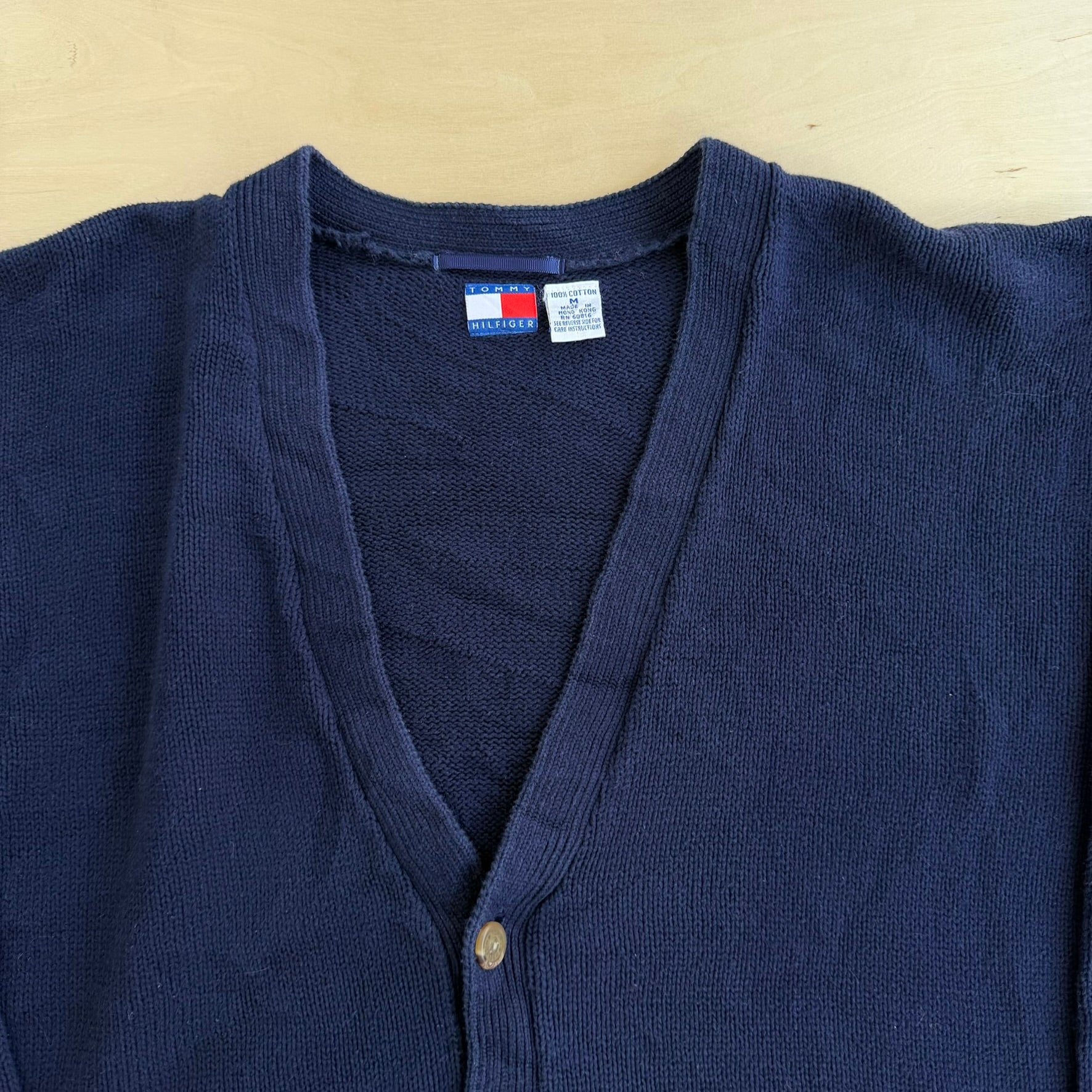 J- Vintage Tommy Hilfiger Embroidered Crest Navy Cardigan Knit Sweater - M