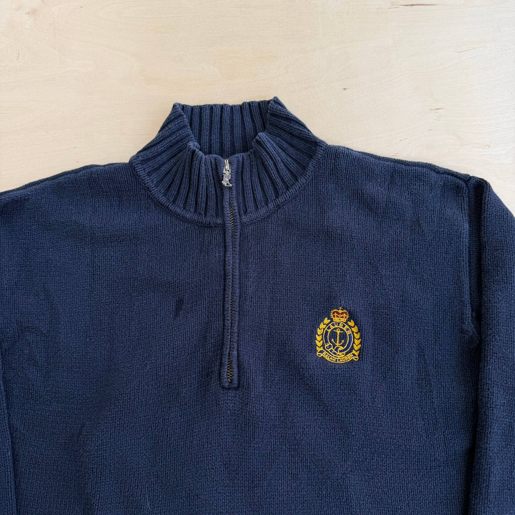 J- Vintage Women's Ralph Lauren LRL Embroidered Crest Quarter Zip Knit Sweater - M