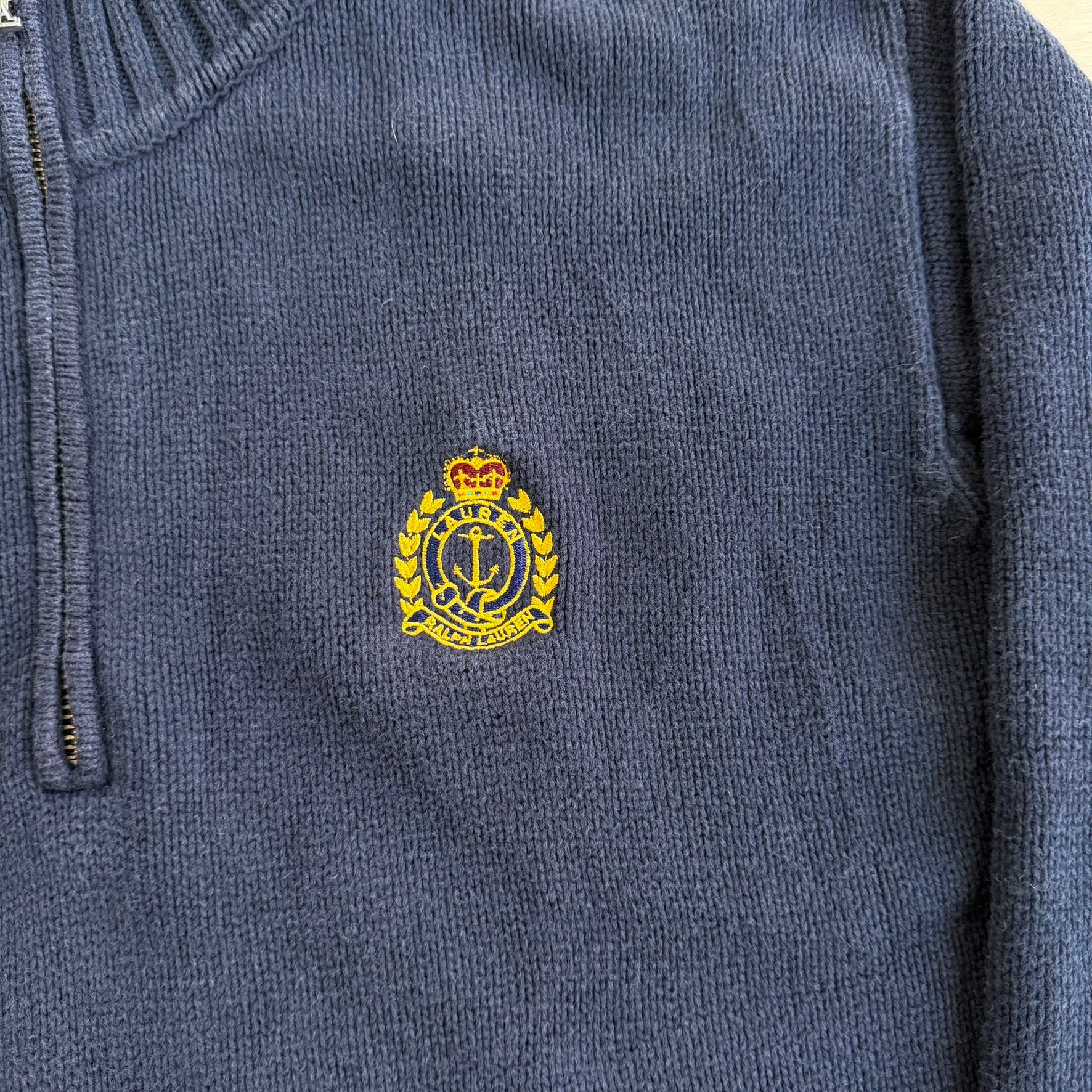J- Vintage Women's Ralph Lauren LRL Embroidered Crest Quarter Zip Knit Sweater - M