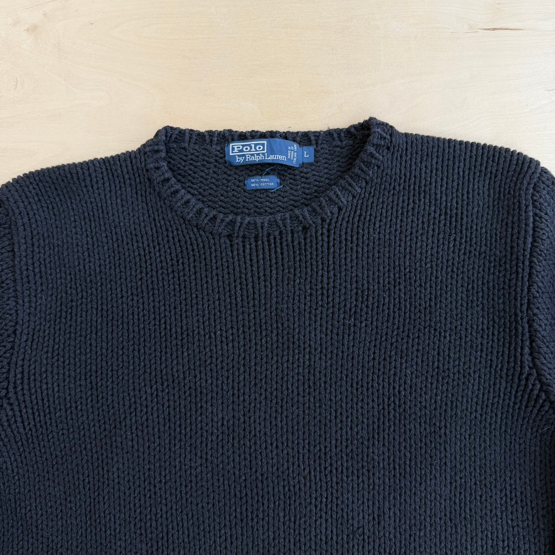 J- Vintage 90s Polo RL Leather Elbow Black Wool Knit Sweater - L