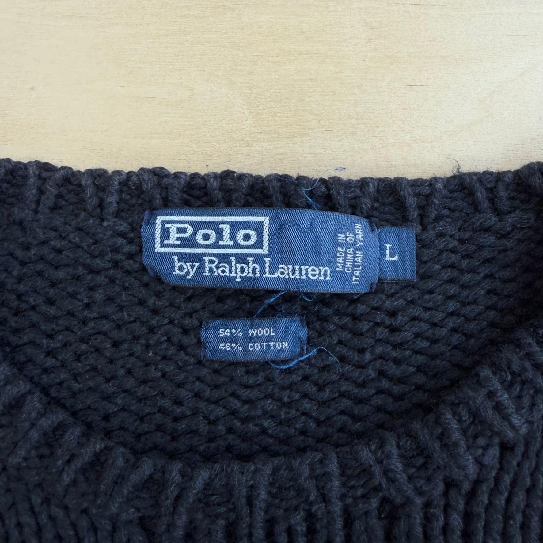 J- Vintage 90s Polo RL Leather Elbow Black Wool Knit Sweater - L
